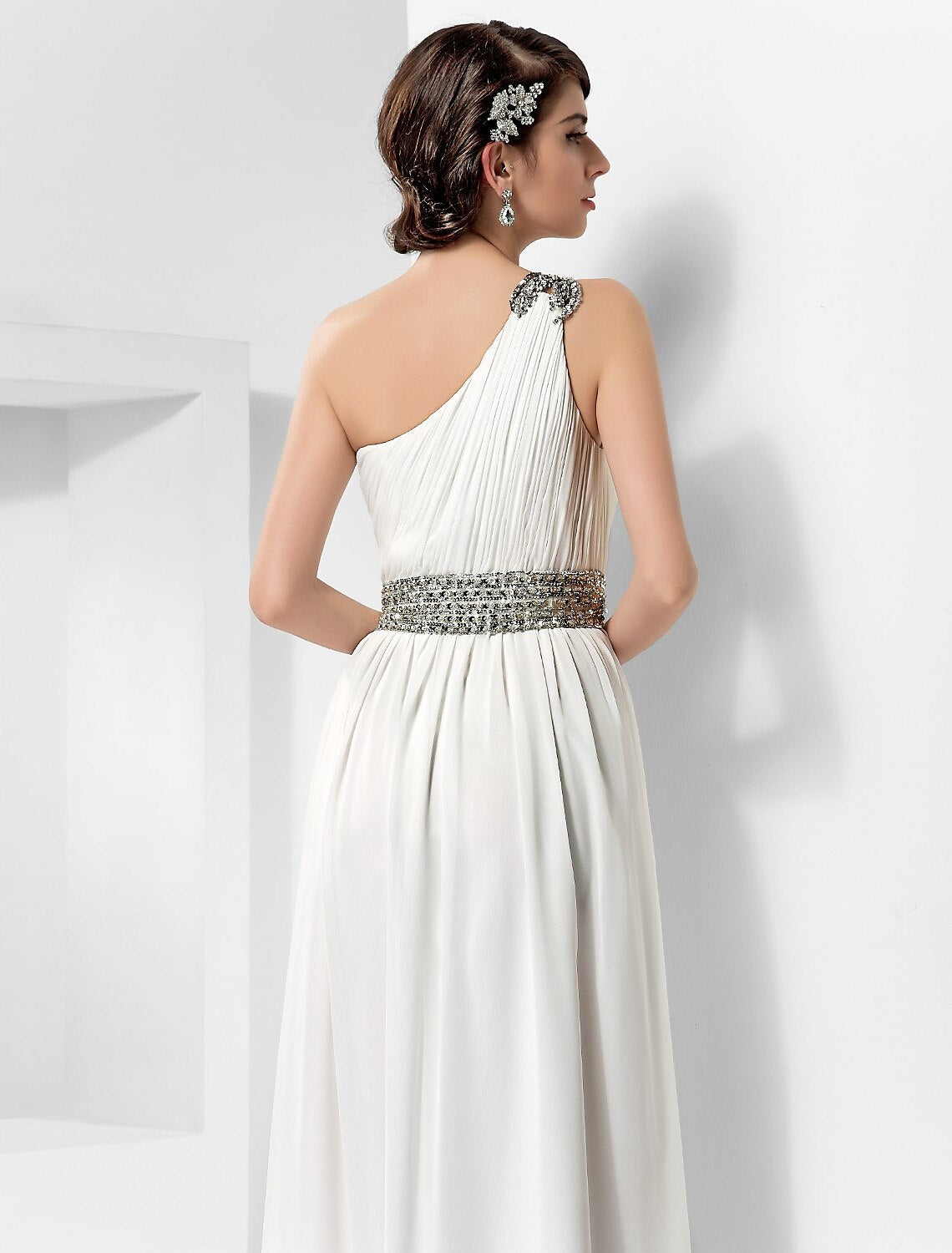 Sheath / Column One Shoulder Floor Length Chiffon Dress with Beading / Draping