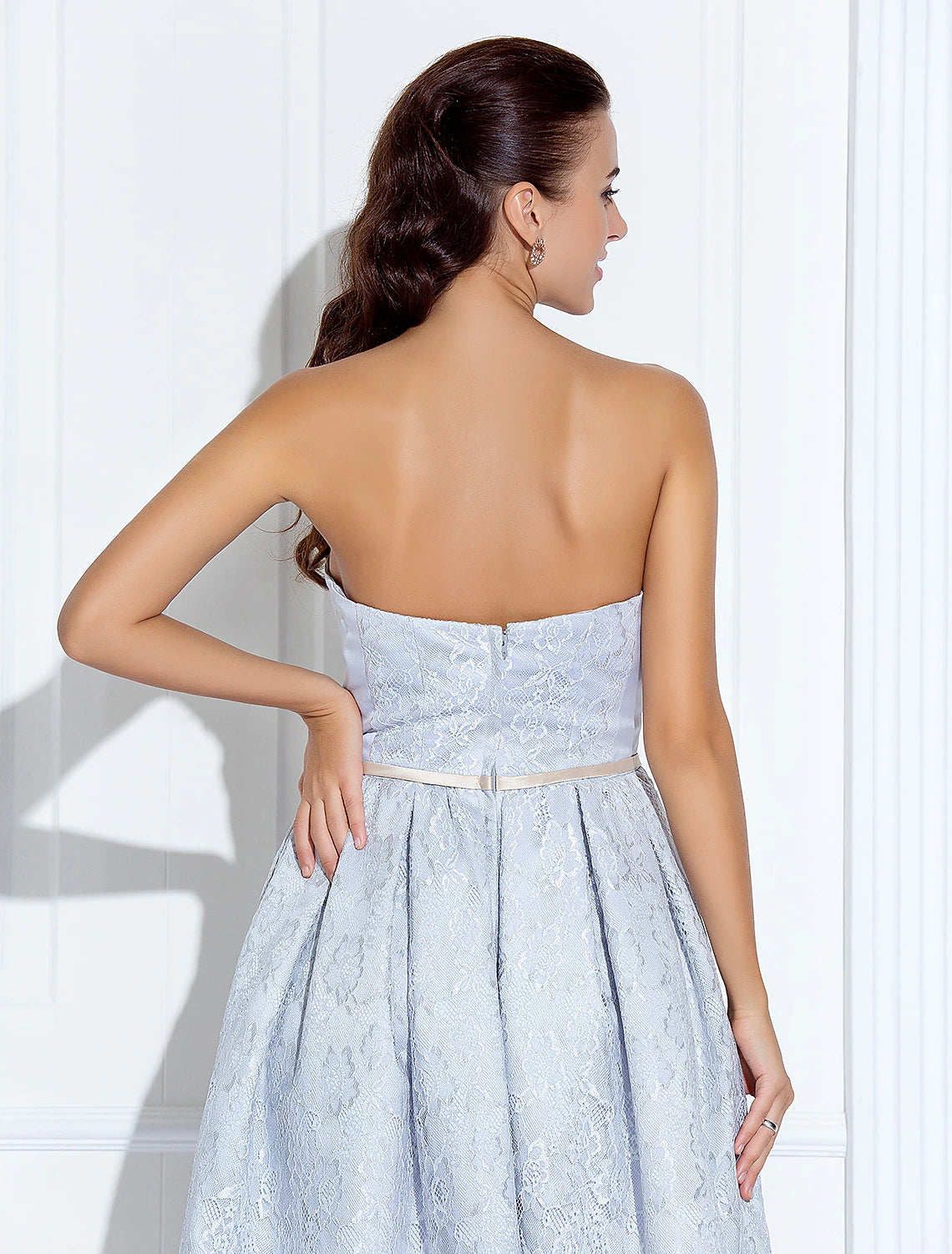 A-Line Strapless Tea Length Lace / Satin Dress with Lace / Sash / Ribbon
