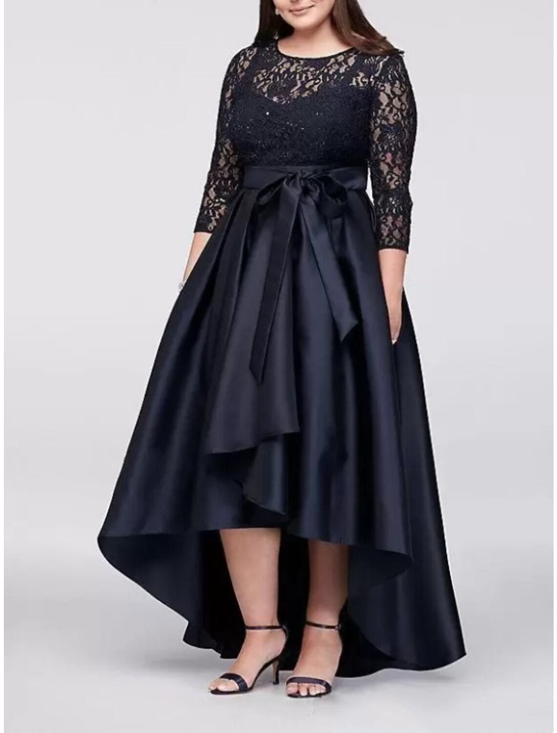 Mother of the Bride Dresses Plus Size Curve Hide Belly Formal Party Vintage Elegant Scoop Neck Asymmetrical Satin Lace 3/4 Length Sleeve with Bow(s) Pleats