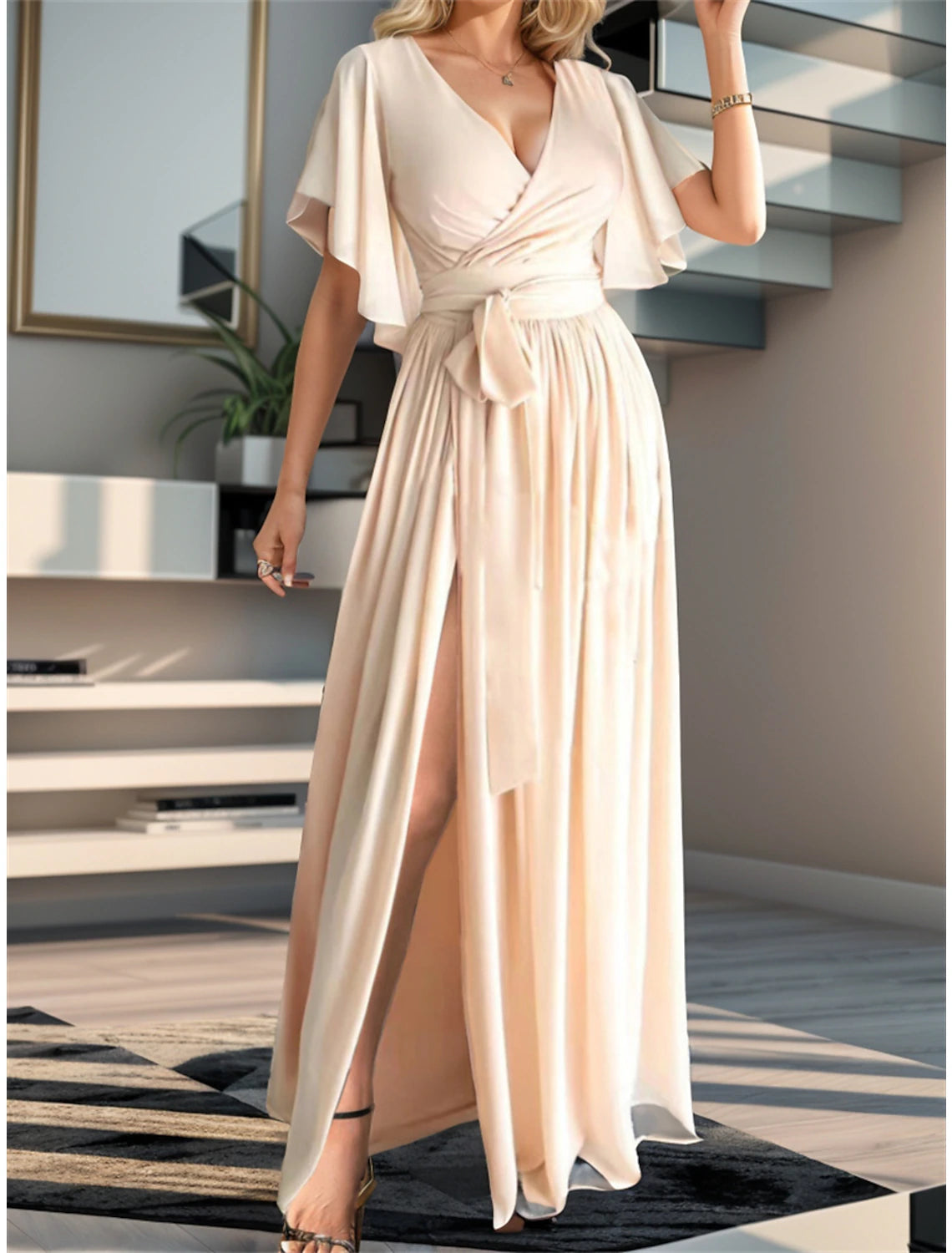Women's Prom Dress Party Dress Wedding Guest Dress Long Dress Maxi Dress Black Red Blue Half Sleeve Plain Ruched Spring Fall Winter V Neck Elegant Winter Dress Wedding Guest Evening Party