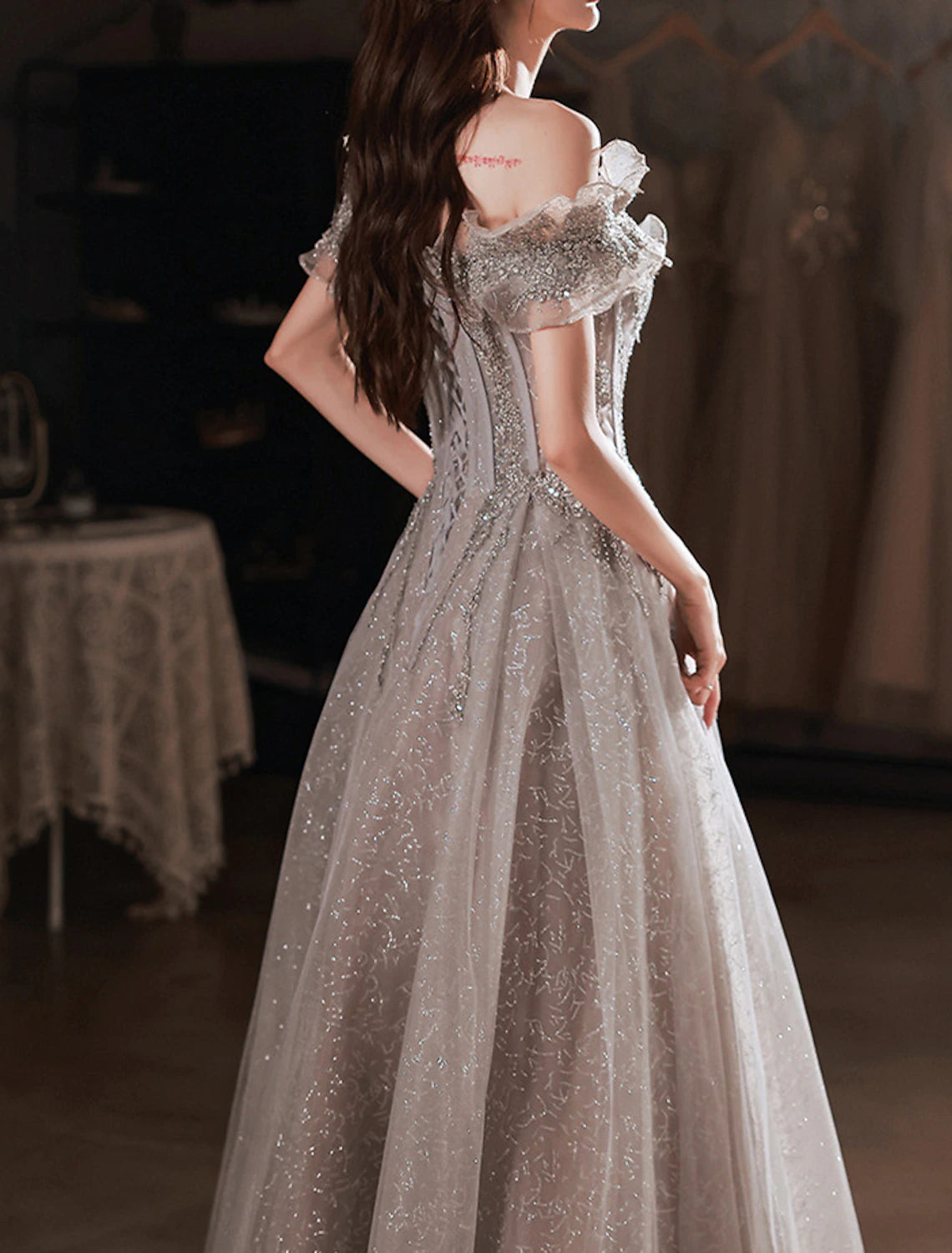 A-Line Sparkle & Shine Prom Formal Evening Dress Off Shoulder Short Sleeve Floor Length Polyester with Sequin Ruffles