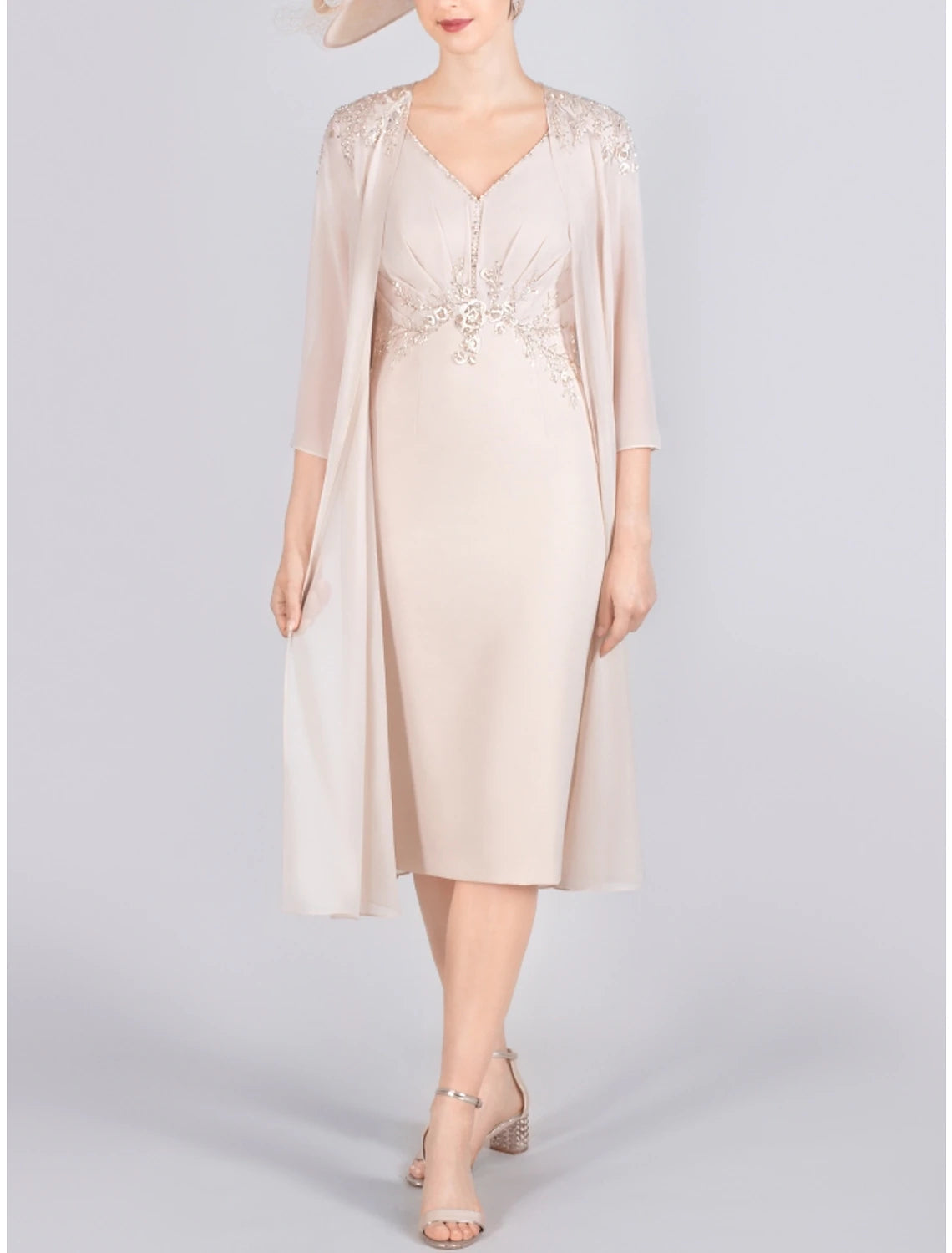 Two Piece Mother of the Bride Dress Wedding Guest Elegant Petite V Neck Knee Length Chiffon 3/4 Length Sleeve with Beading Appliques Ruching