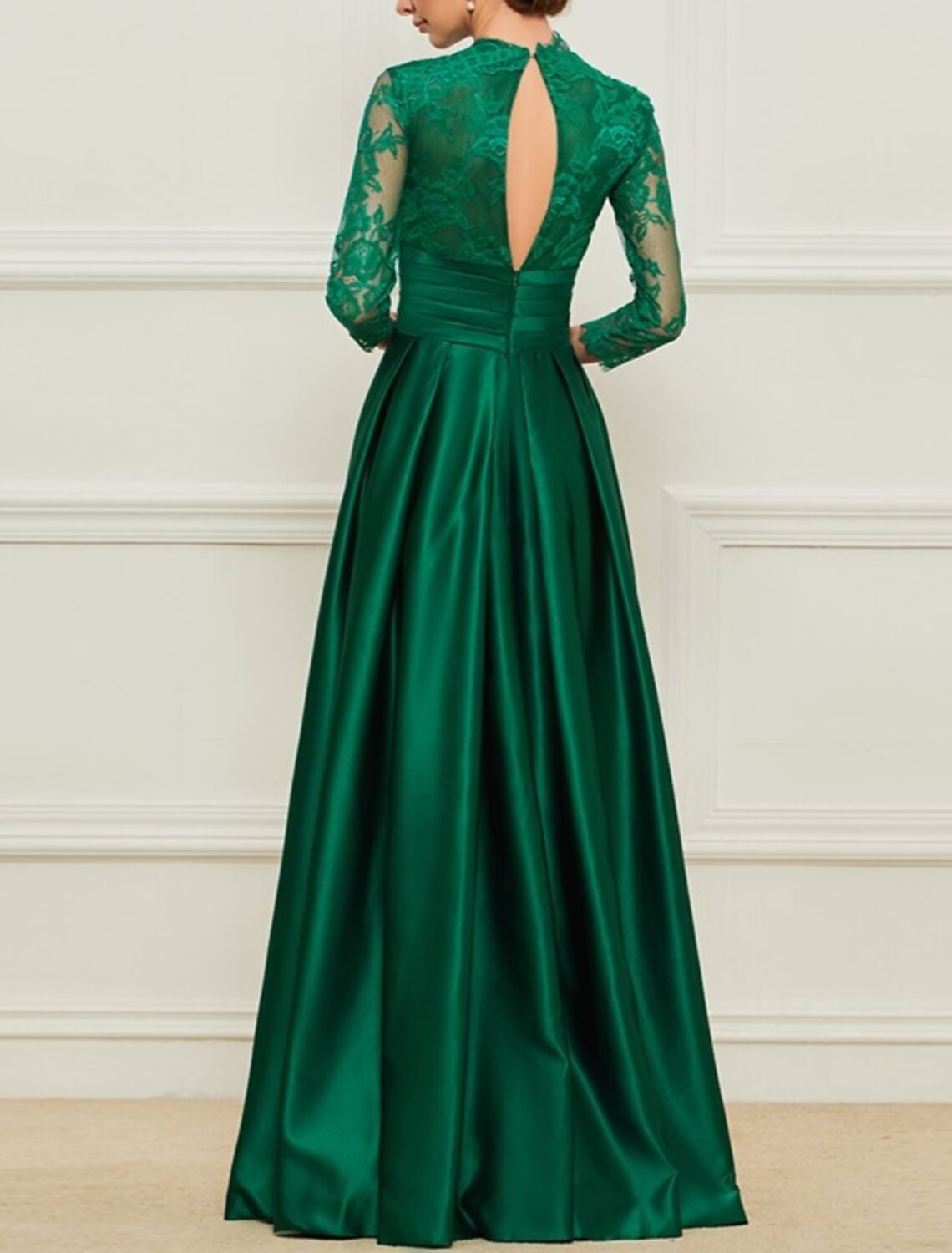 Sheath / Column Mother of the Bride Dress Elegant High Neck Floor Length Satin Lace 3/4 Length Sleeve with Sash / Ribbon Appliques