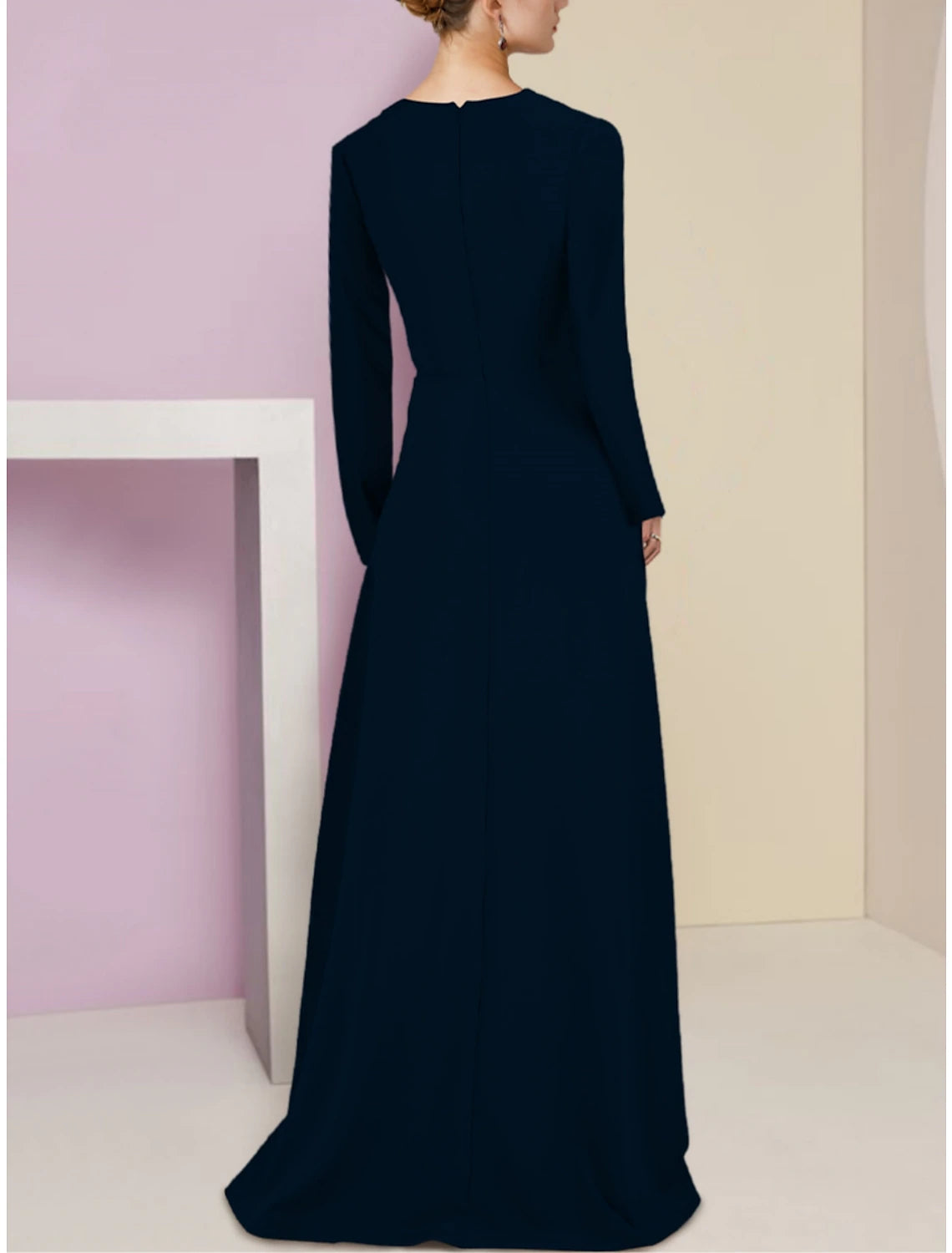 Two Piece A-Line Mother of the Bride Dress Wedding Guest Party Elegant V Neck Sweep / Brush Train Stretch Chiffon Long Sleeve with Ruching Solid Color