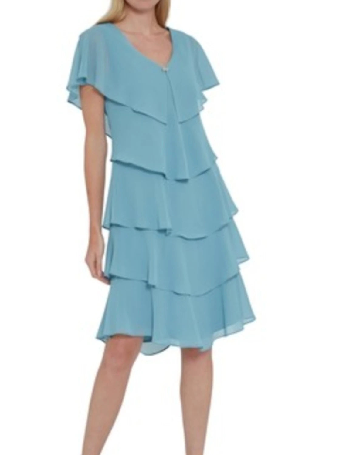 Sheath / Column Mother of the Bride Dress Elegant V Neck Knee Length Chiffon Short Sleeve with Cascading Ruffles