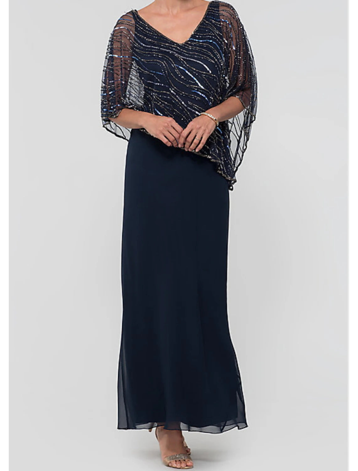 A-Line Mother of the Bride Dress Elegant & Luxurious V Neck Ankle Length Chiffon Sequined 3/4 Length Sleeve with Lace Appliques