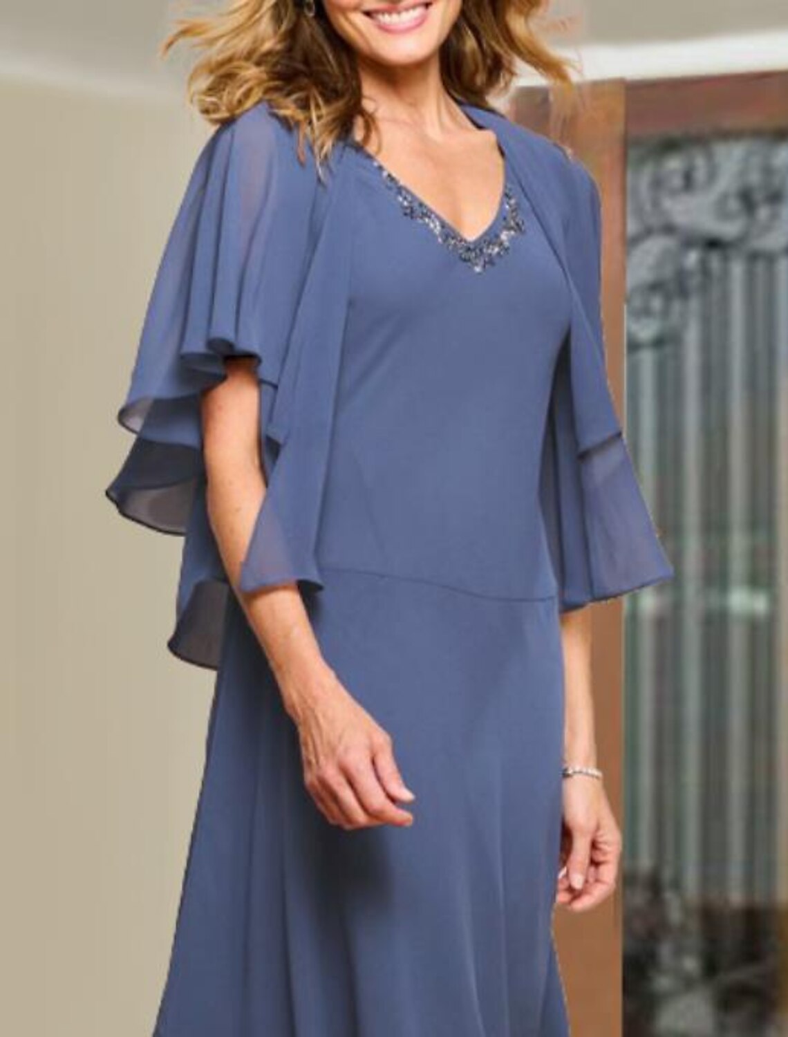 Two Piece A-Line Mother of the Bride Dress Fall Wedding Guest Plus Size Elegant V Neck Tea Length Chiffon Short Sleeve Wrap Included Short Jacket Dresses with Beading Ruffles