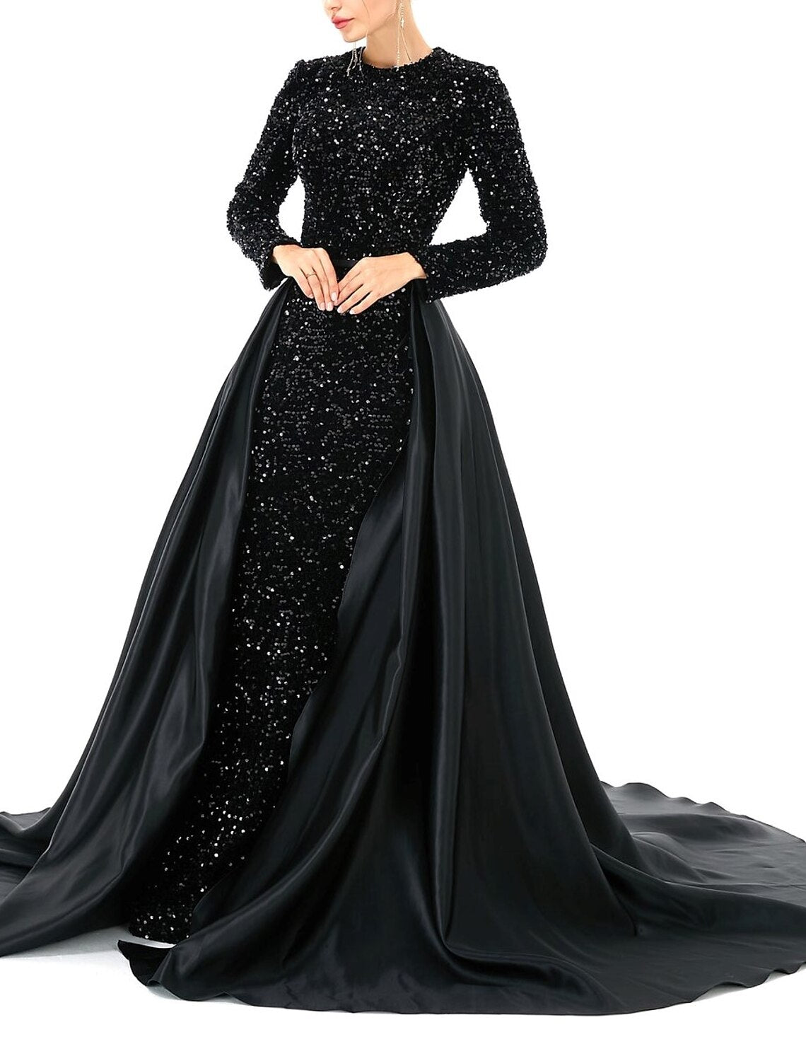 Mermaid / Trumpet Evening Gown Glittering Dress Prom Formal Evening Chapel Train Long Sleeve Jewel Neck Satin with Overskirt Pure Color