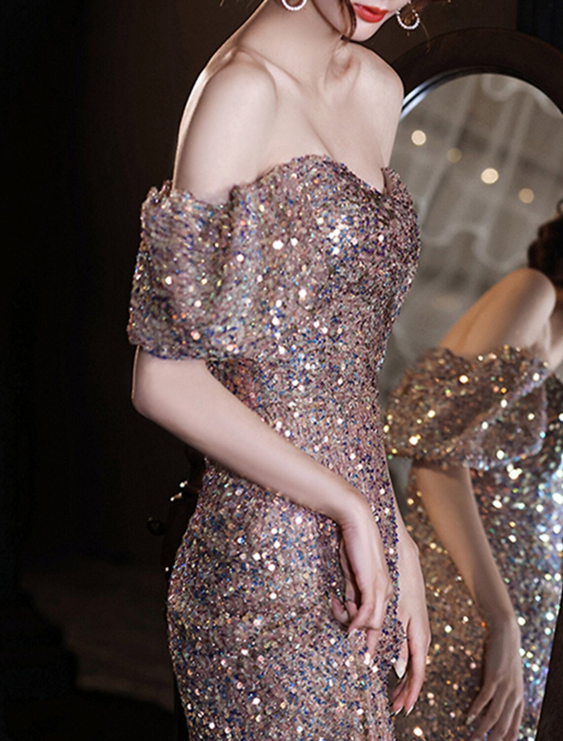 Mermaid / Trumpet Prom Dresses Elegant Dress Wedding Guest Prom Floor Length Short Sleeve Sweetheart Lace with Sequin