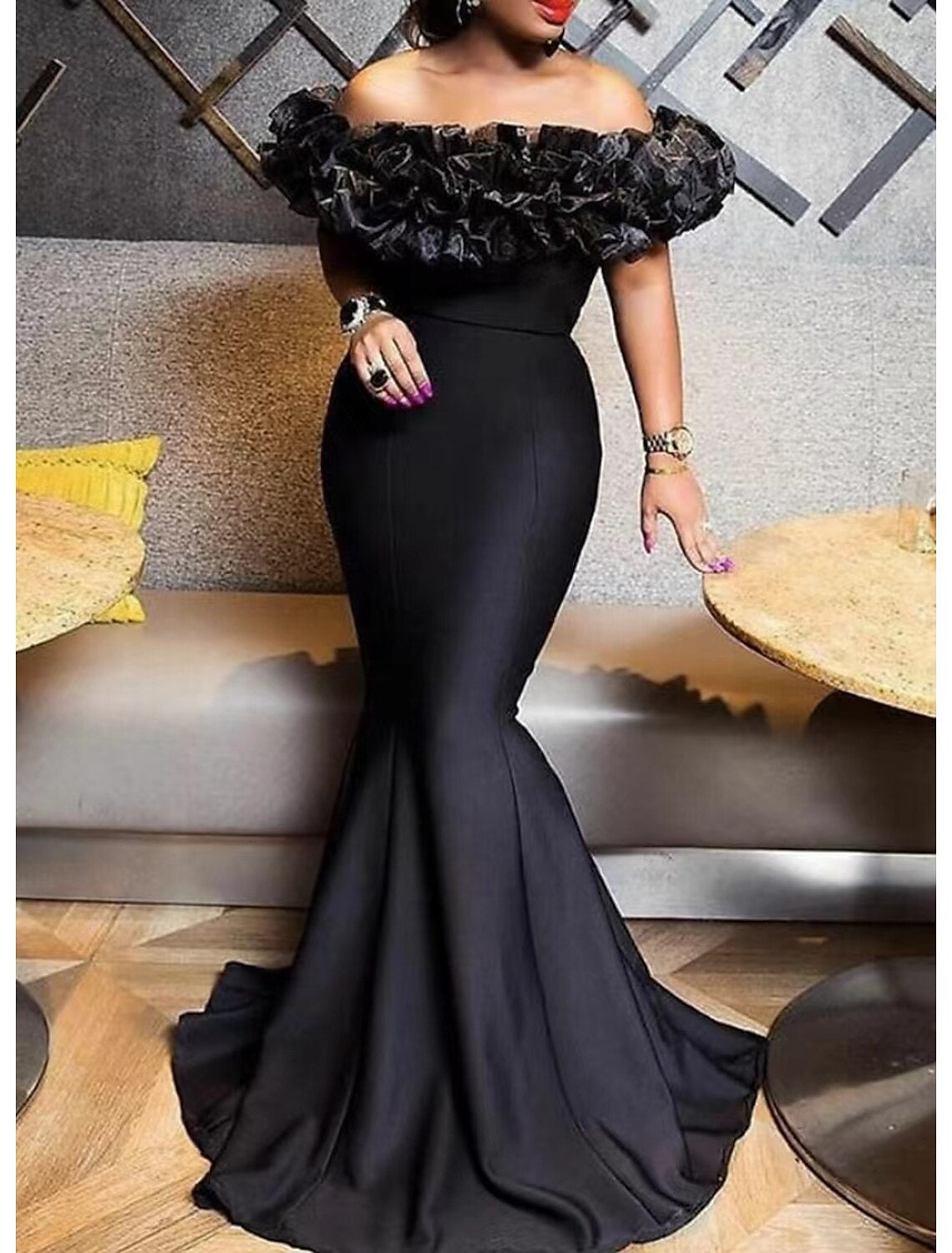 Mermaid Evening Gown Emerald Green Dress Red Green Dress Engagement Sweep / Brush Train Short Sleeve Off Shoulder Stretch Satin with Sleek