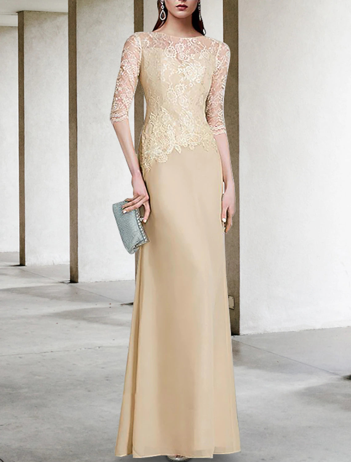 Sheath / Column Mother of the Bride Dress Wedding Guest Elegant Jewel Neck Floor Length Chiffon Half Sleeve with Lace Solid Color Fall