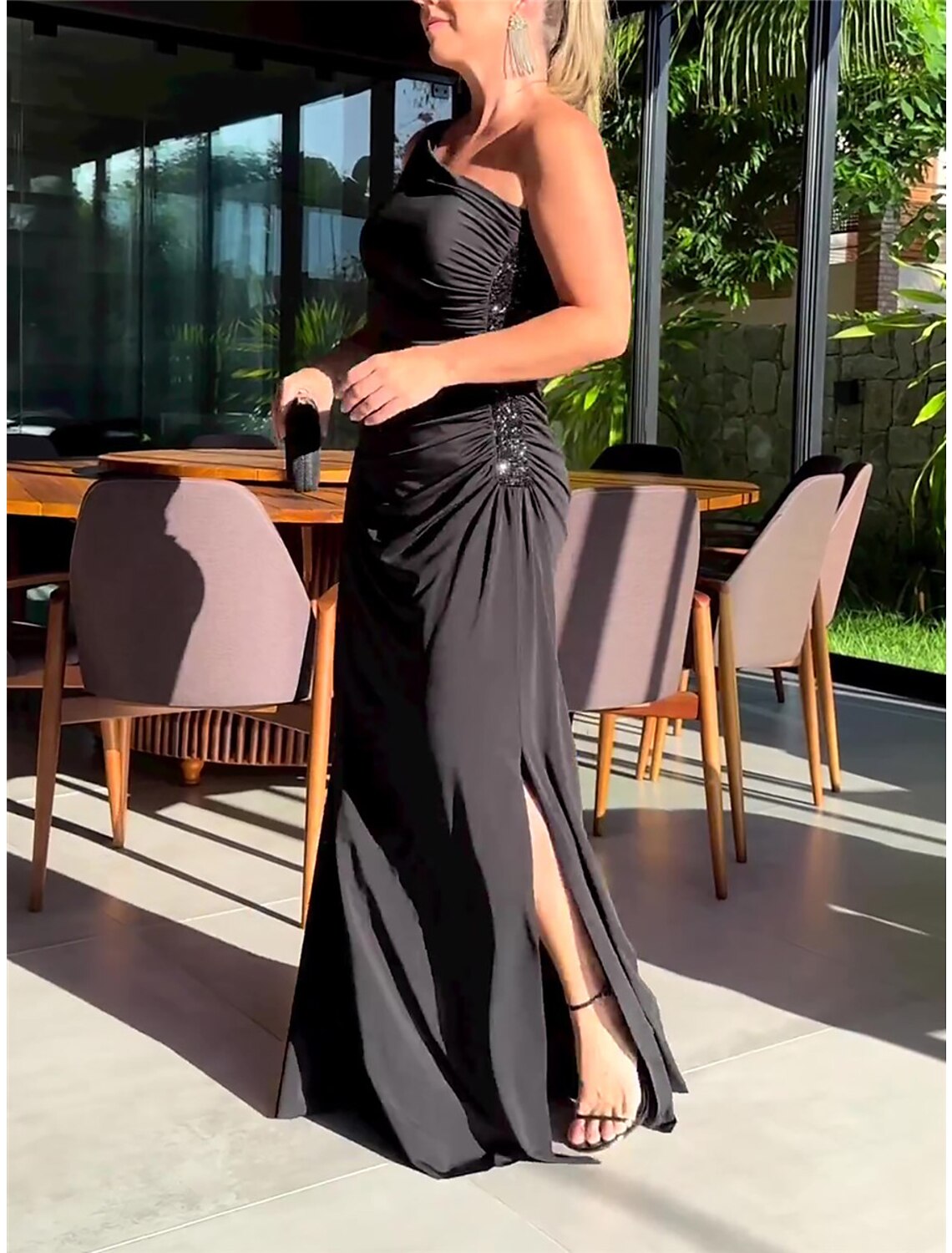 Women‘s Black Dress Prom Dress Party Dress Sheath Dress Long Dress Maxi Dress Sleeveless Drawstring Spring Fall One Shoulder Fashion Evening Party Vacation Black Cocktail Dress
