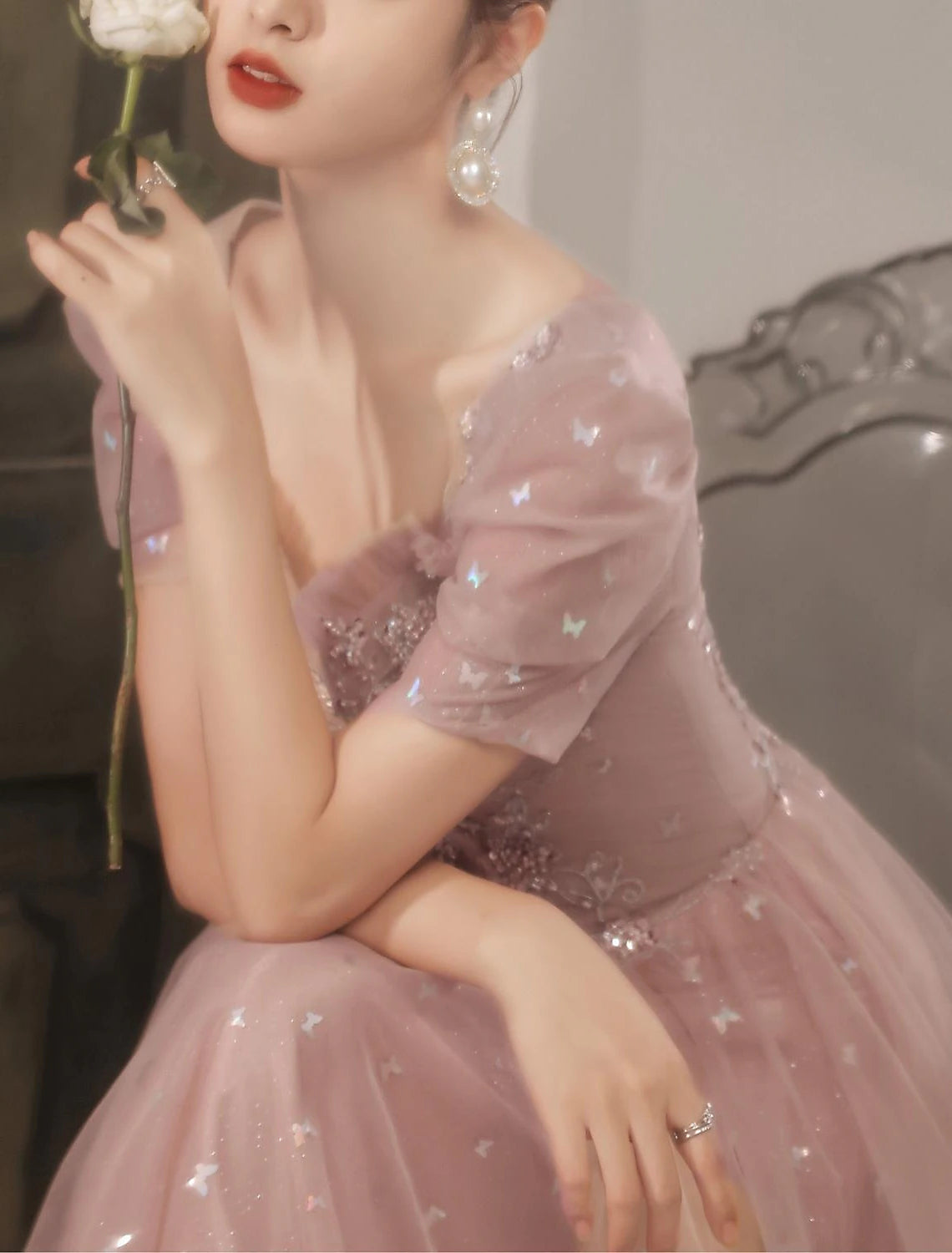 A-Line Prom Dresses Elegant Dress Wedding Guest Prom Floor Length Short Sleeve Sweetheart Tulle V Back with Beading Appliques