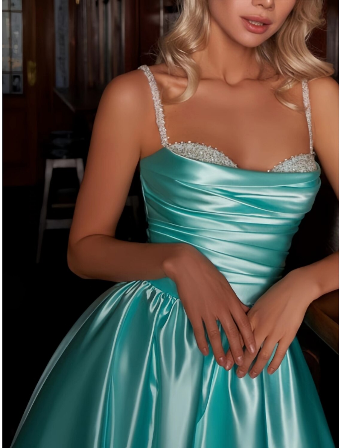 A-Line Cocktail Dresses Party Dress Wedding Wedding Guest Knee Length Sleeveless Spaghetti Strap Satin with Pleats Ruched Sequin