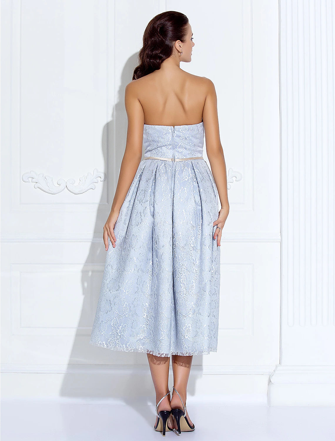 A-Line Strapless Tea Length Lace / Satin Dress with Lace / Sash / Ribbon