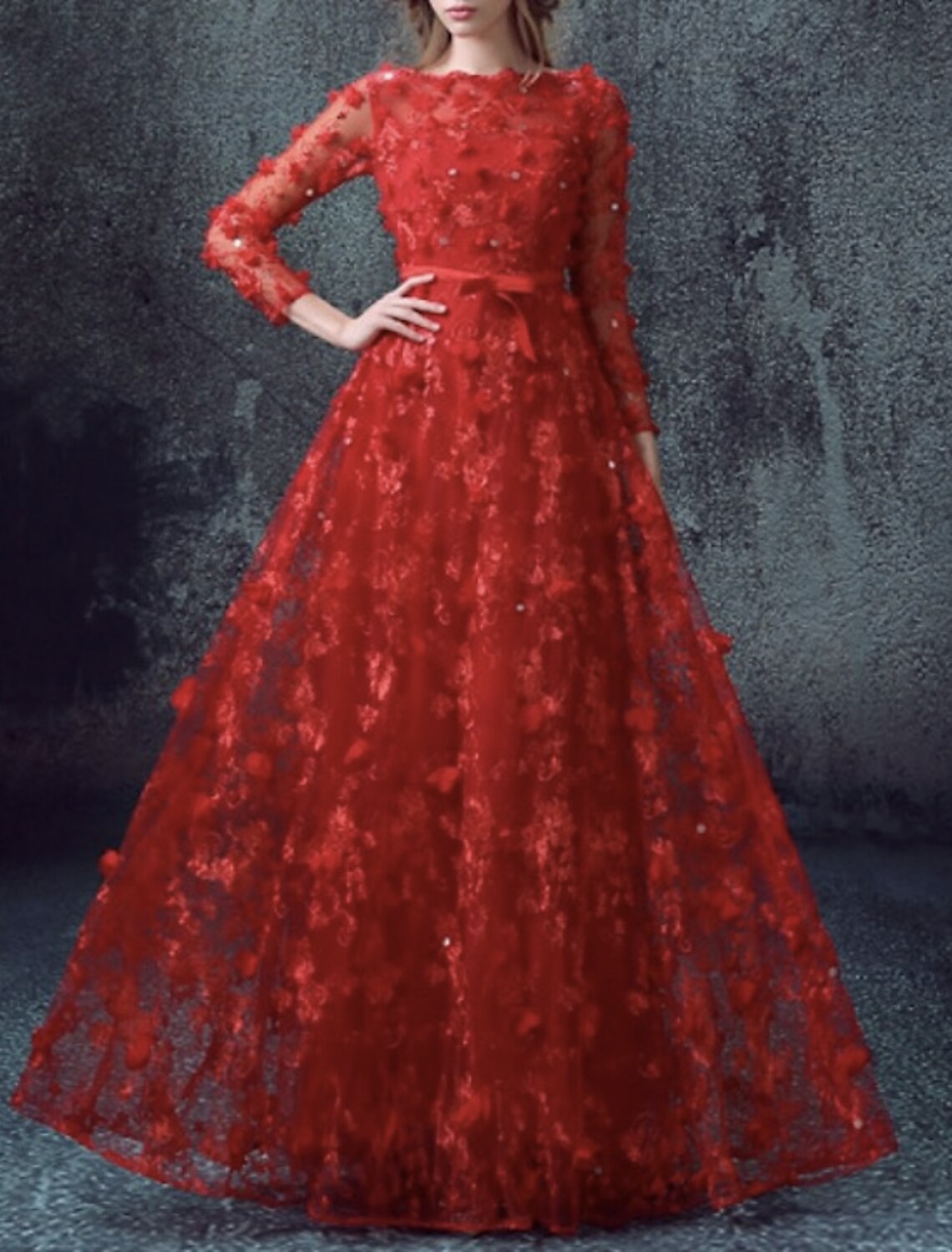 A-Line Glittering Elegant Floral Engagement Formal Evening Valentine's Day Dress Jewel Neck 3/4 Length Sleeve Floor Length Tulle with Sequin Appliques