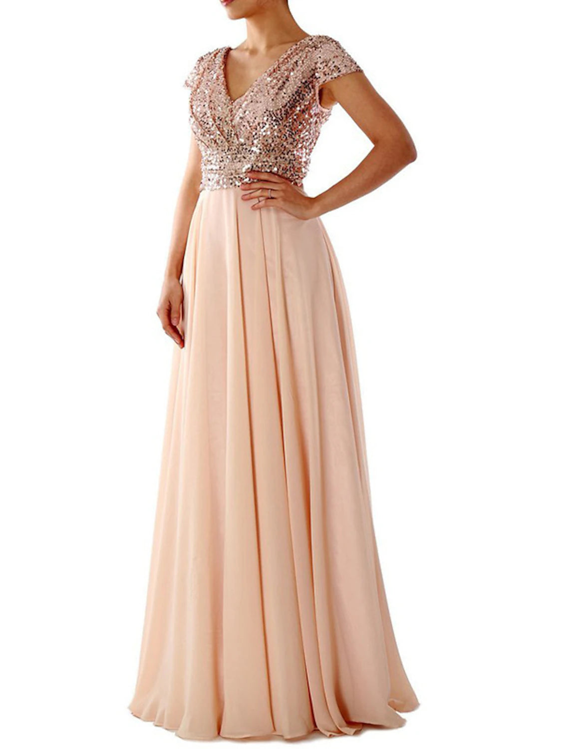 Women's Black Sequin Dress Rose Gold Dress Prom Dress Party Dress Sparkly Dress Homecoming Dress Long Dress Maxi Dress Champagne Wine Purple Short Sleeve Summer Spring V Neck Dress