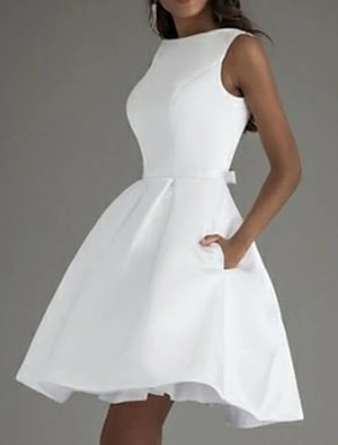 A-Line Cocktail Dresses Minimalist Dress Wedding Guest Homecoming Knee Length Sleeveless Boat Neck Satin V Back with Sleek Bow(s) Pure Color
