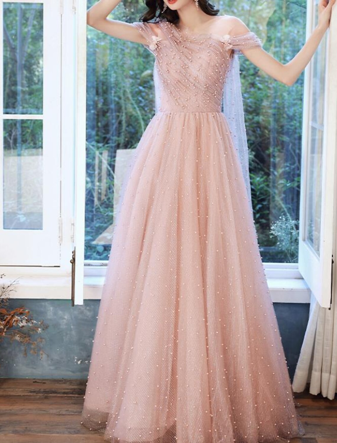A-Line Prom Dresses Glittering Dress Wedding Guest Engagement Floor Length Sleeveless Illusion Neck Tulle with Pleats Beading
