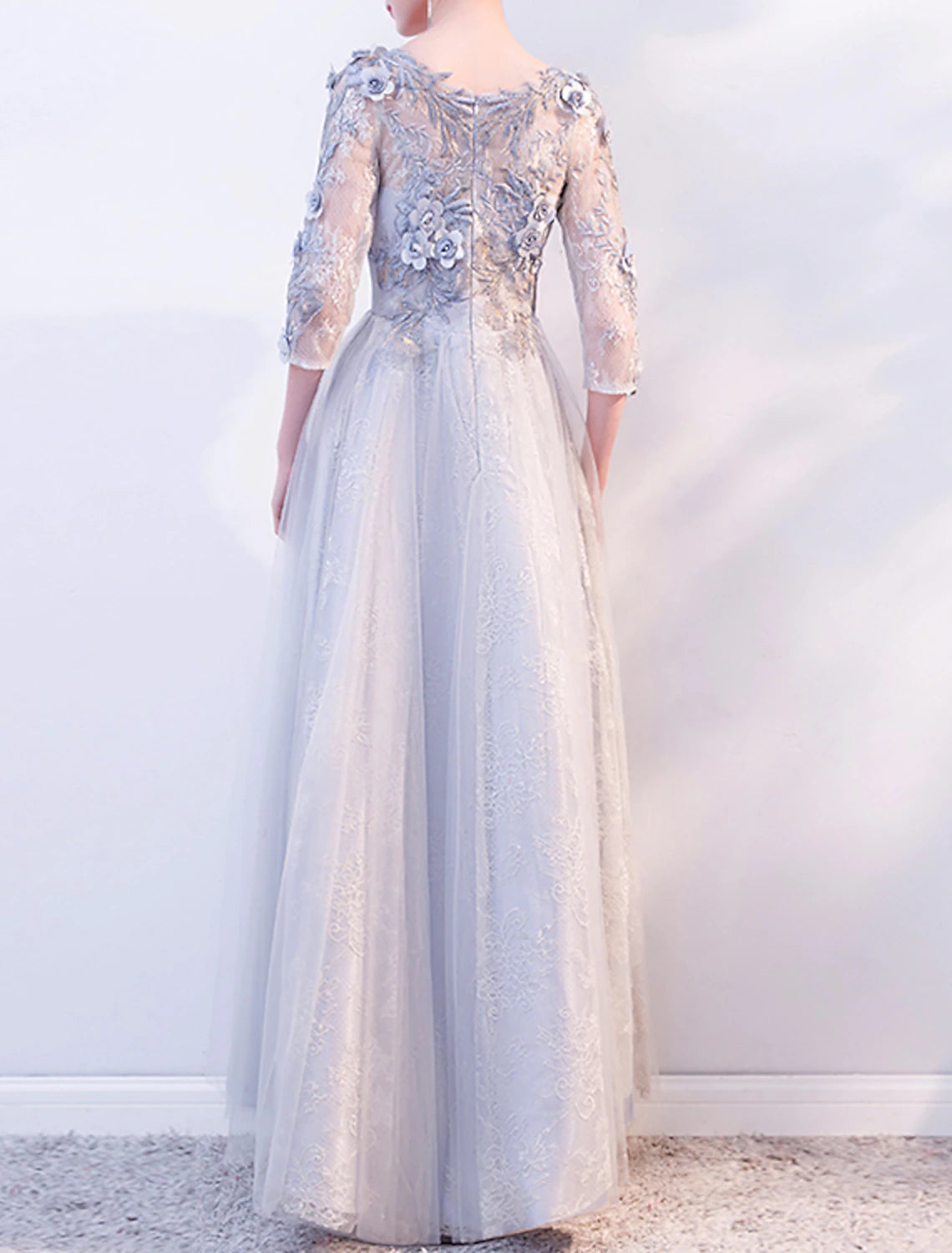 A-Line Evening Gown Floral Dress Wedding Guest Formal Evening Floor Length 3/4 Length Sleeve Jewel Neck Tulle with Appliques