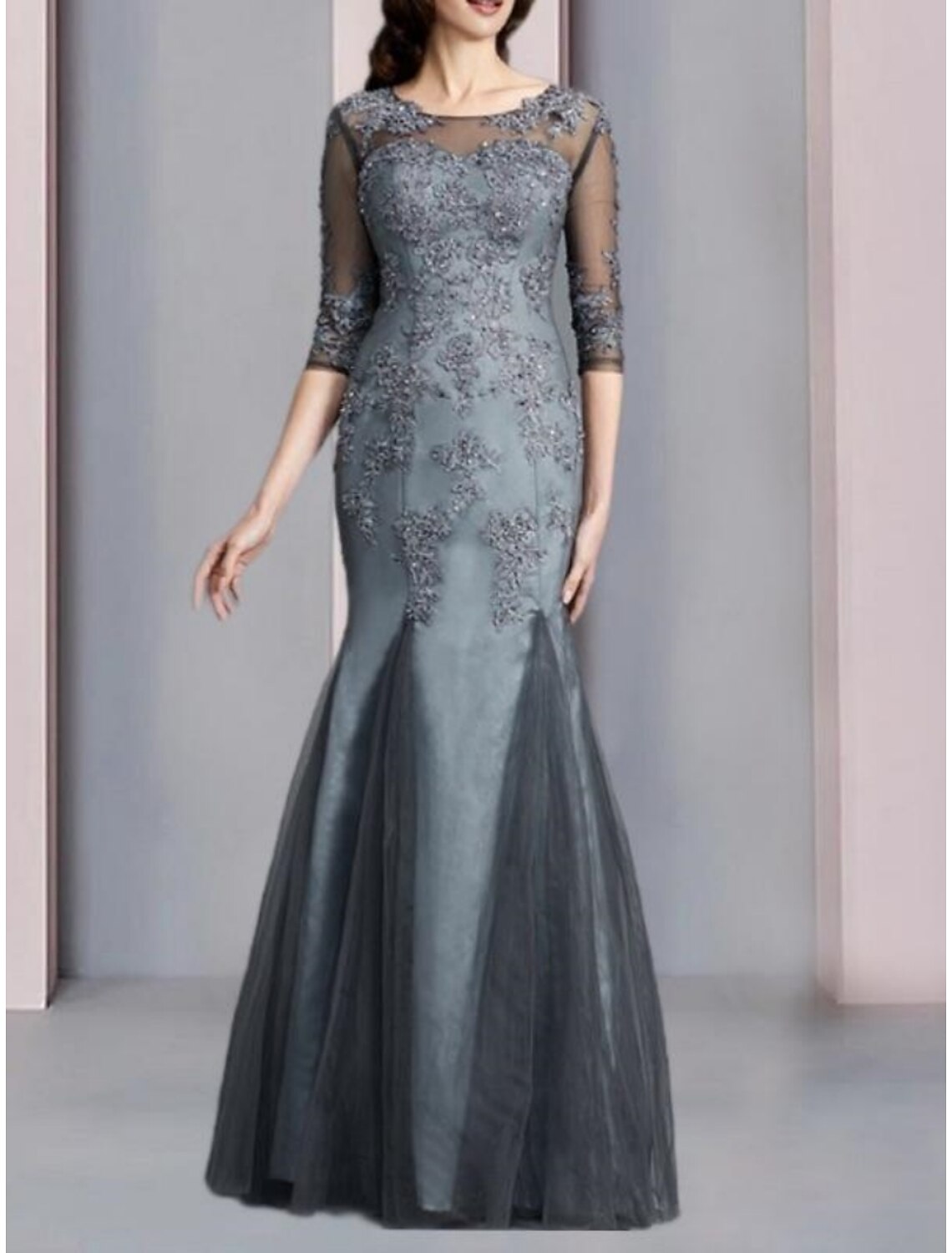 Mermaid / Trumpet Mother of the Bride Dress Wedding Guest Elegant Scoop Neck Floor Length Chiffon Half Sleeve with Lace Ruching