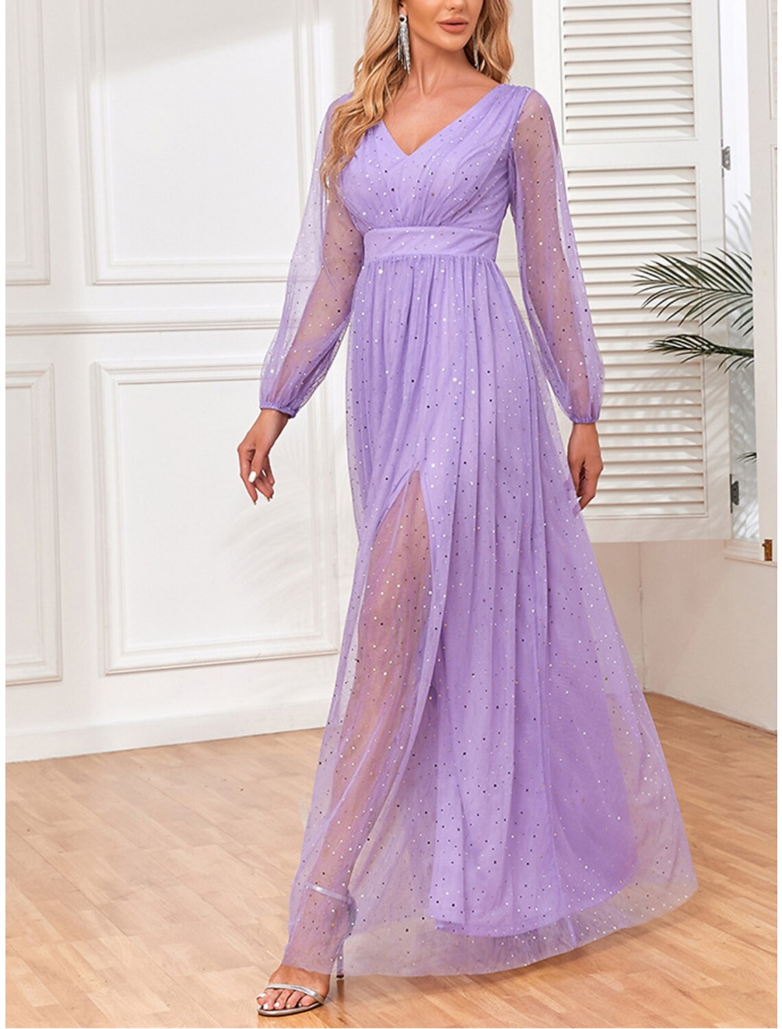 Women's Sequin Dress Prom Dress Party Dress Sparkly Dress Long Dress Maxi Dress Purple Long Sleeve Sparkly Glitter Fall Winter V Neck Fashion Evening Party