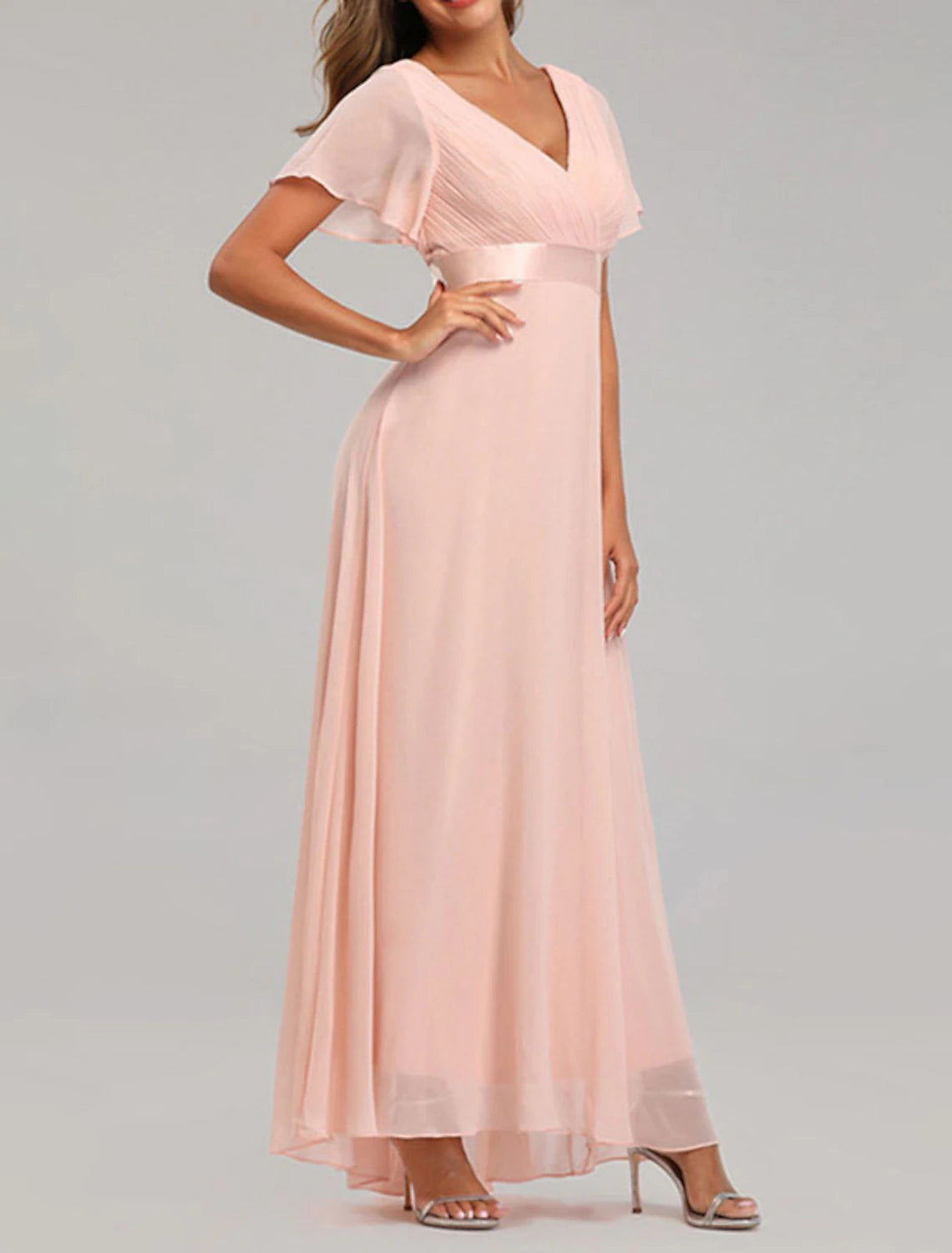 Women‘s Party Dress Wedding Guest Dress Chiffon Dress Long Dress Maxi Dress Black Pink Wine Short Sleeve Pure Color Zipper Spring Summer V Neck Party Party