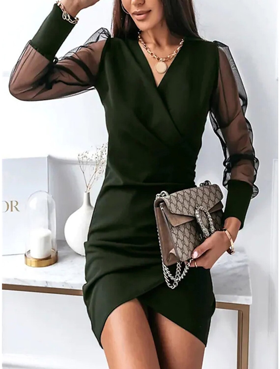 Women's Black Dress Party Dress Wedding Guest Dress Mini Dress Black Wine Purple Long Sleeve Pure Color Ruched Spring Fall Winter V Neck Fashion Winter Dress Wedding Guest Evening Party