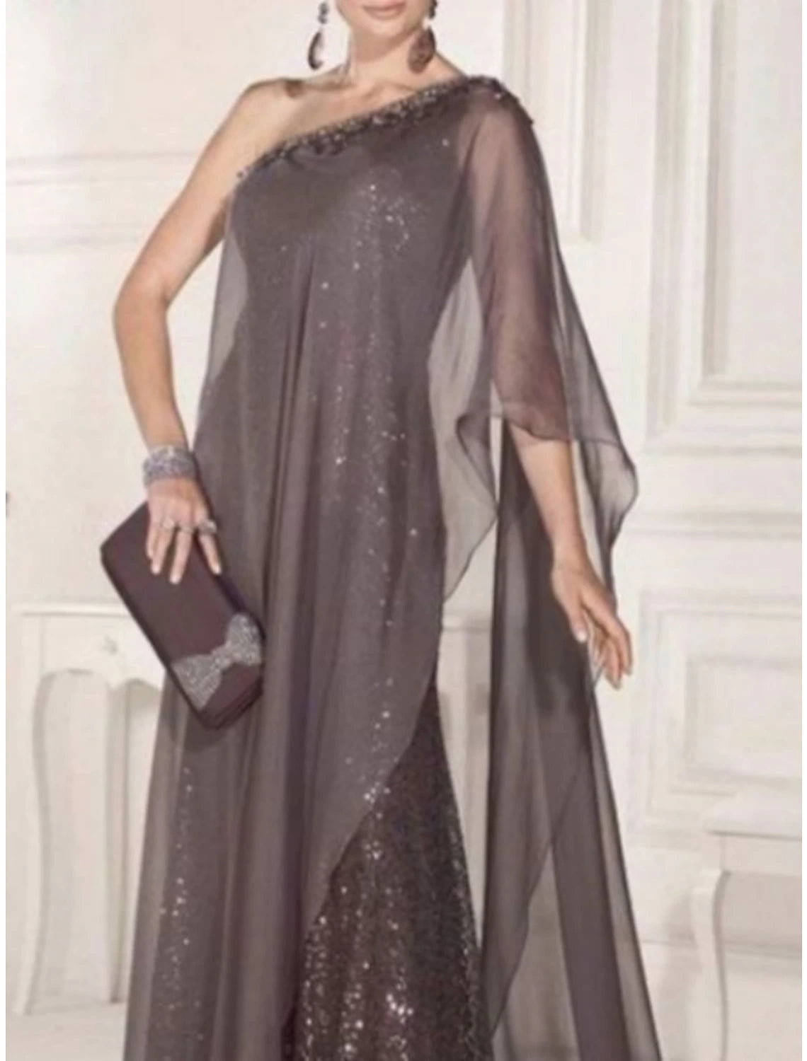 Sheath / Column Mother of the Bride Dress Wedding Guest Elegant Party Sparkle & Shine One Shoulder Sweep / Brush Train Chiffon Lace Sleeveless with Pleats Sequin