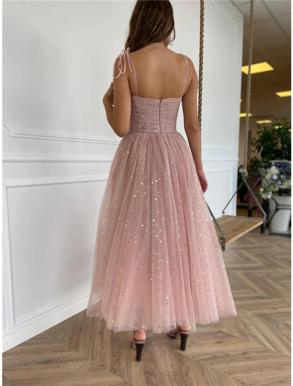 Women‘s Party Dress Swing Dress Midi Dress Pink Sleeveless Pure Color Mesh Spring Summer Spaghetti Strap Party Wedding Guest