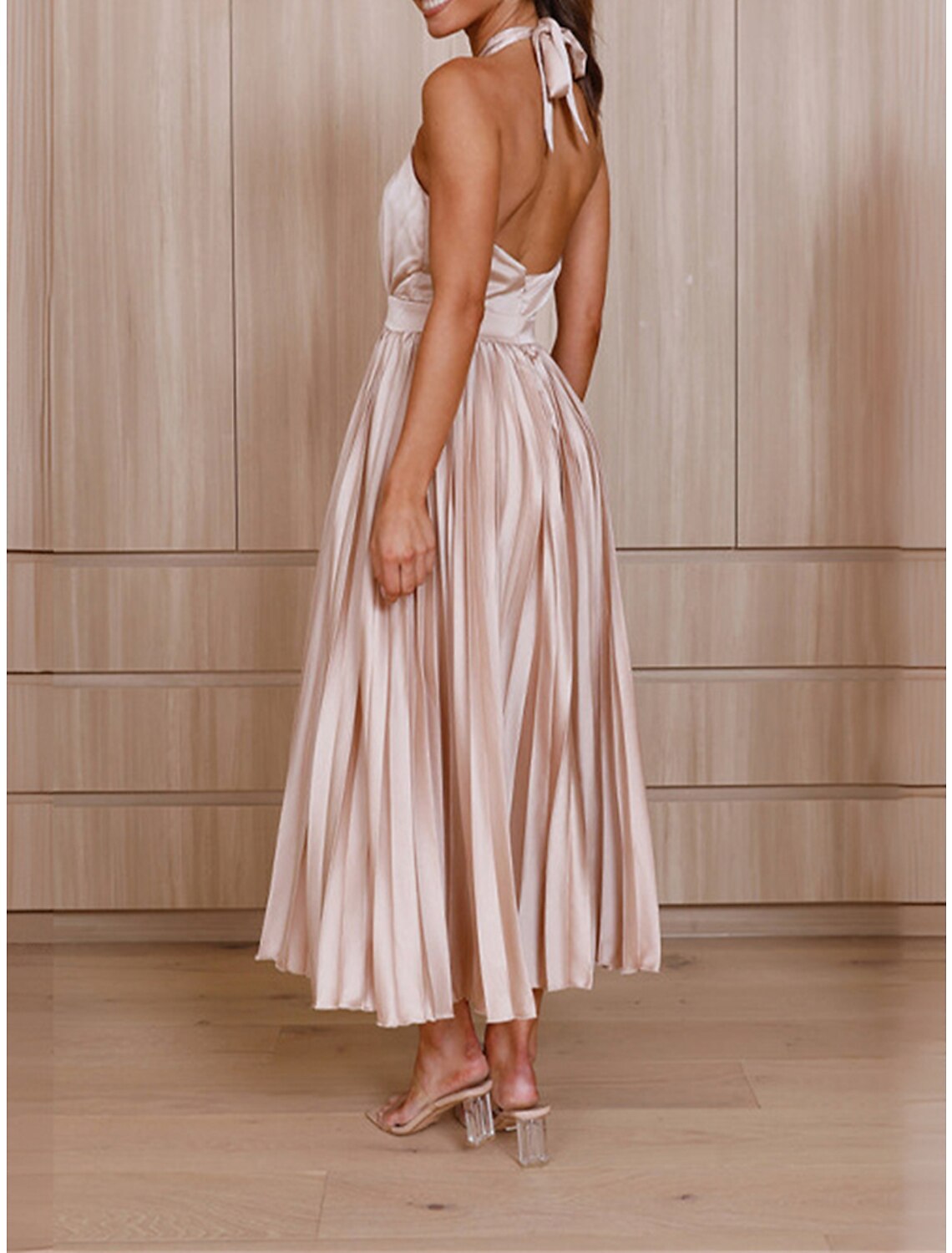 Women's Prom Dress Party Dress Wedding Guest Dress Long Dress Maxi Dress Black Pink Royal Blue Sleeveless Plain Pleated Summer Spring Fall Halter Neck Red Valentines Dress Valentine's Day Wedding