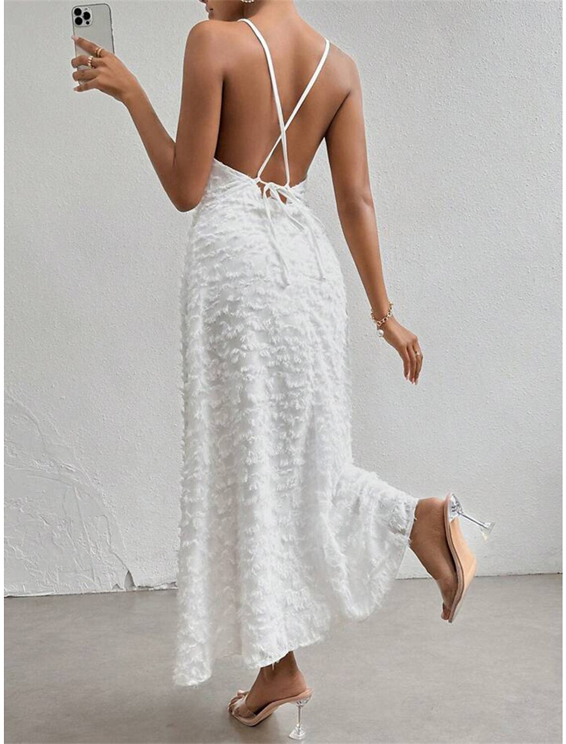 Women's Prom Dress Party Dress Feather Dress Long Dress Maxi Dress White Sleeveless Plain Backless Summer Spring Fall Spaghetti Strap Elegant Wedding Guest Birthday Evening Party