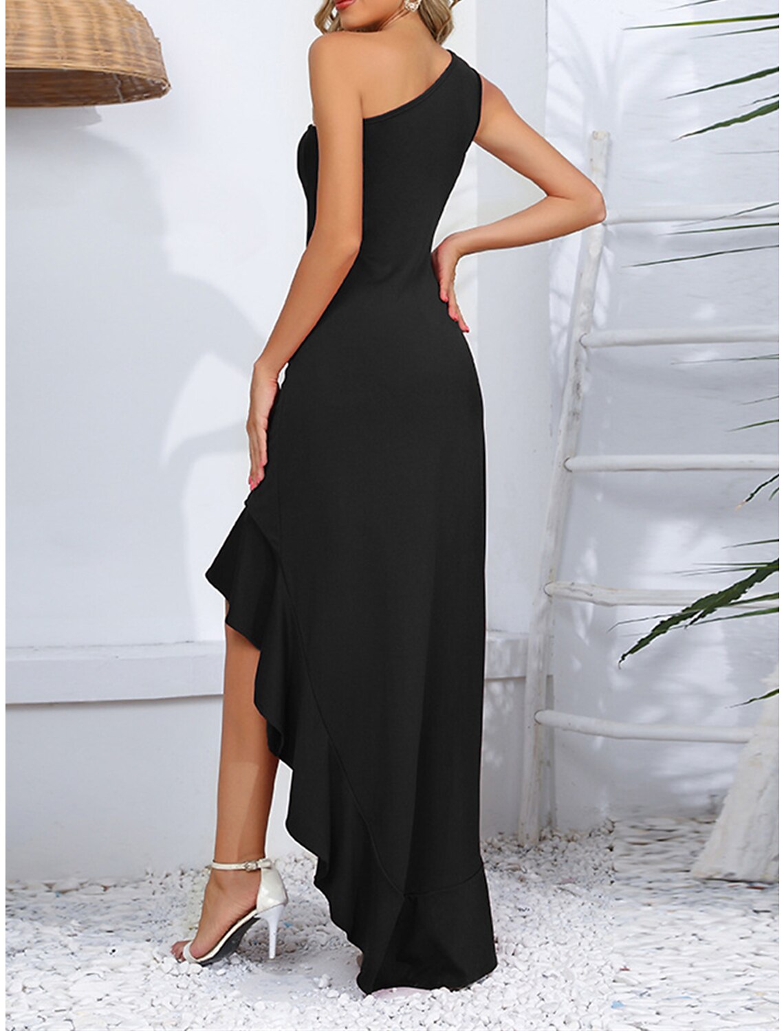 Women's Black Dress Prom Dress Party Dress Long Dress Maxi Dress Black Red Sleeveless Plain Ruffle Summer Spring Fall One Shoulder Party Winter Dress Wedding Guest Birthday
