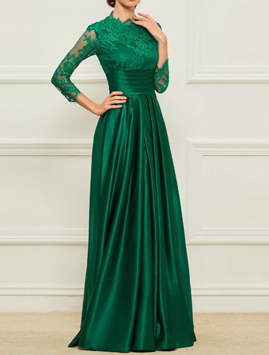 Sheath / Column Mother of the Bride Dress Elegant High Neck Floor Length Satin Lace 3/4 Length Sleeve with Sash / Ribbon Appliques