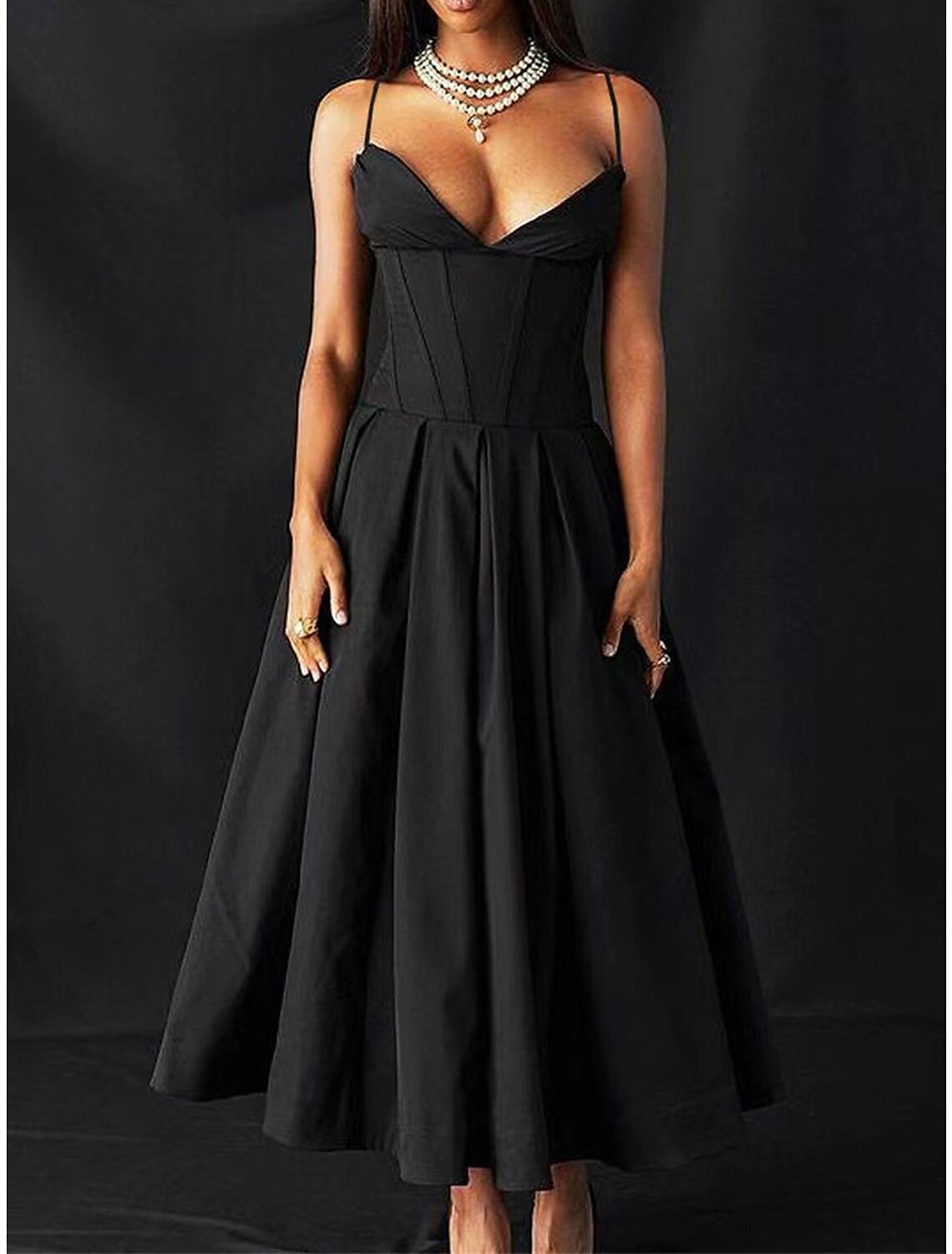 Women's Black Dress Prom Dress Party Dress Long Dress Maxi Dress Black Sleeveless Plain Ruched Summer Spring Fall Spaghetti Strap Elegant Wedding Guest Birthday Evening Party