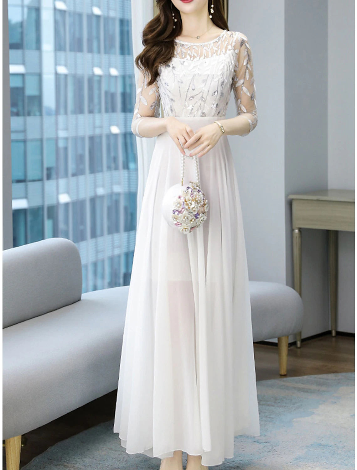 Women's Prom Dress Party Dress Sheath Dress Long Dress Maxi Dress White Yellow Red Half Sleeve Color Block Ruched Summer Spring Fall Crew Neck Fashion Birthday Evening Party Wedding Guest Slim