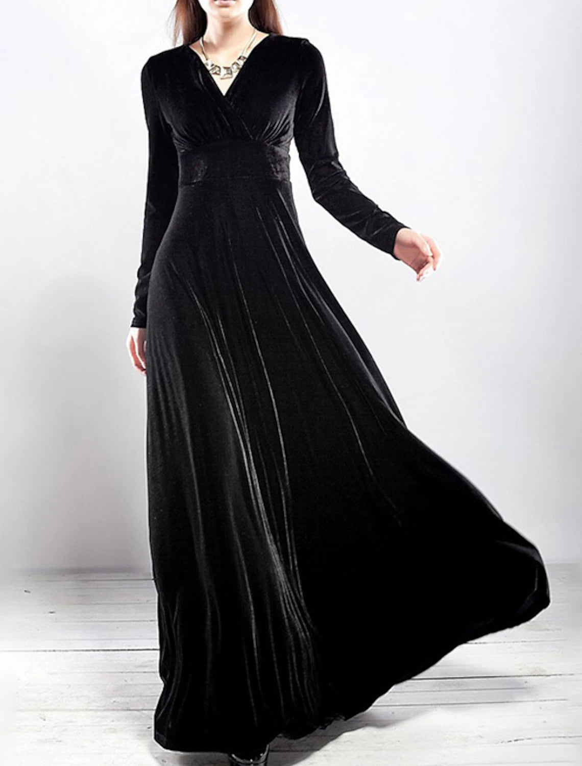 Women's Party Dress Wedding Guest Dress Velvet Dress Long Dress Maxi Dress Black Wine Royal Blue Long Sleeve Pure Color Ruched Fall Spring V Neck Fashion Party Winter Dress