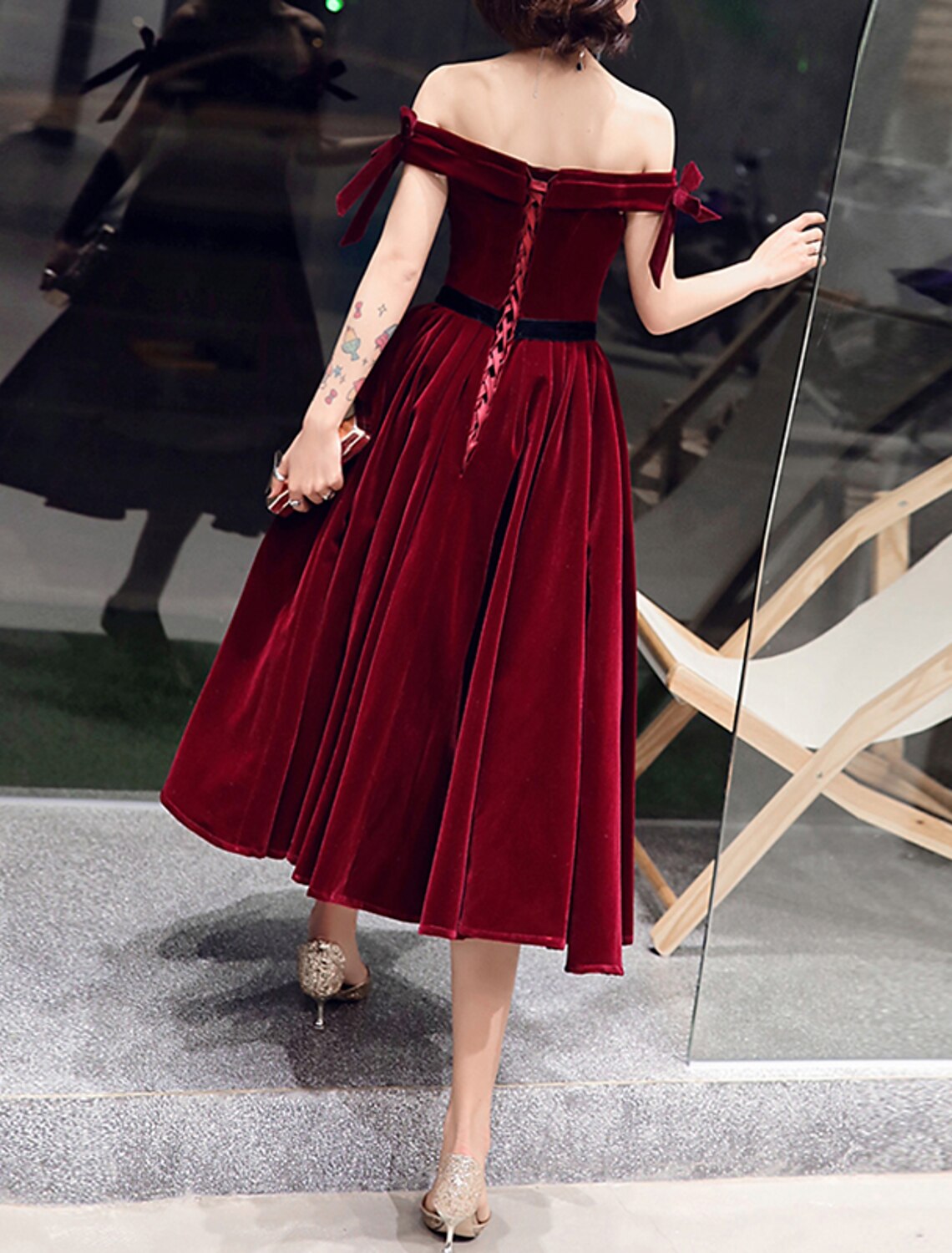 A-Line Cocktail Dresses Hot Dress Wedding Guest Cocktail Party Tea Length Short Sleeve Off Shoulder Velvet with Bow(s)