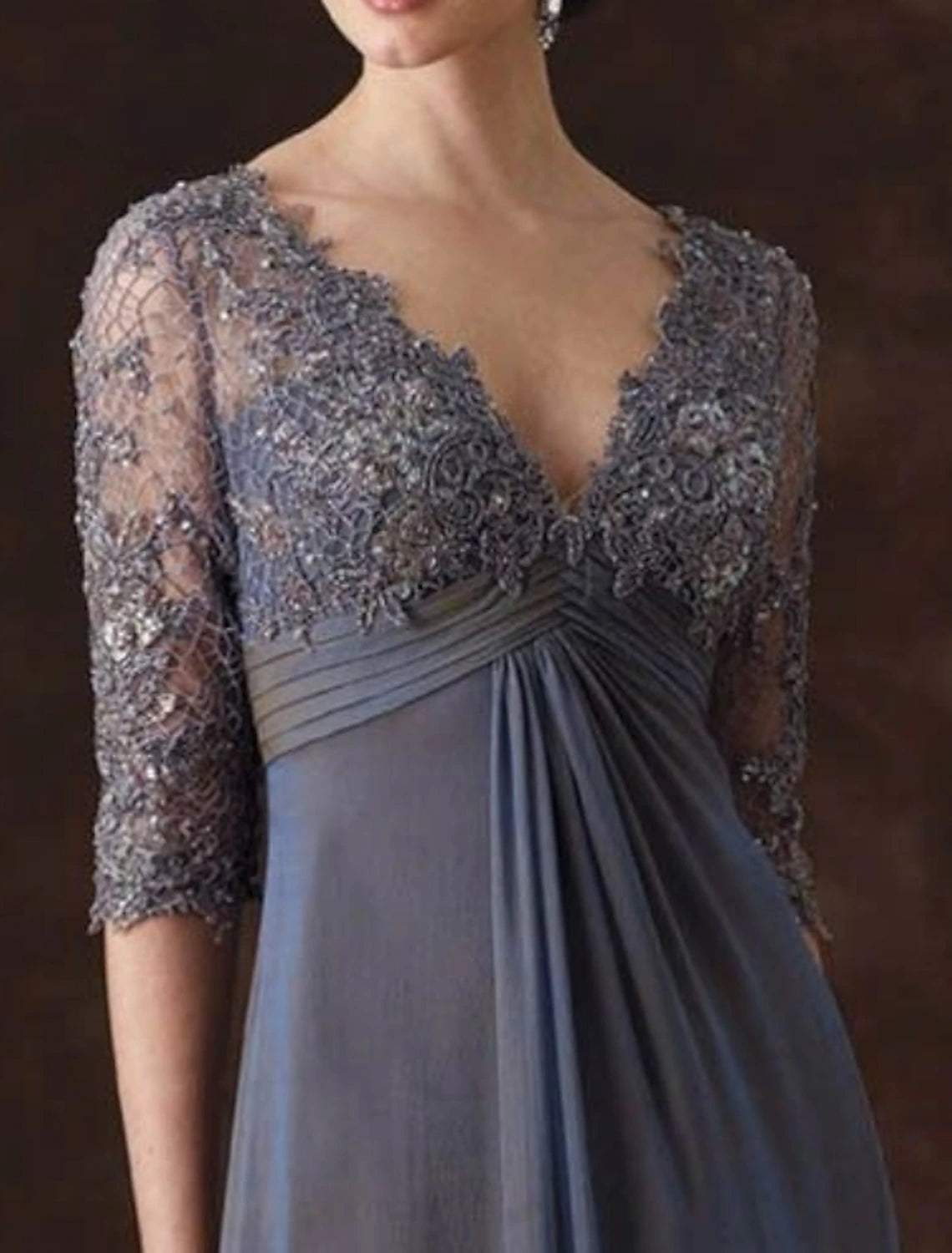 A-Line Mother of the Bride Dress Elegant V Neck Floor Length Chiffon Lace 3/4 Length Sleeve with Embroidery Ruching
