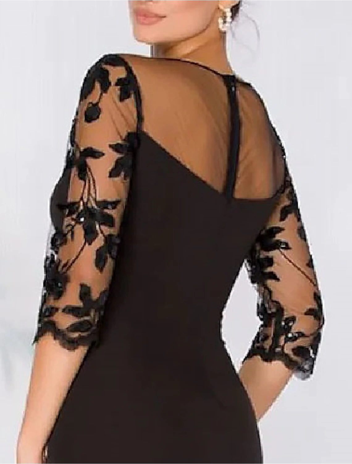 Sheath Evening Gown Elegant Black Dress Wedding Guest Fall Floor Length 3/4 Length Sleeve Jewel Neck Satin with Beading Appliques