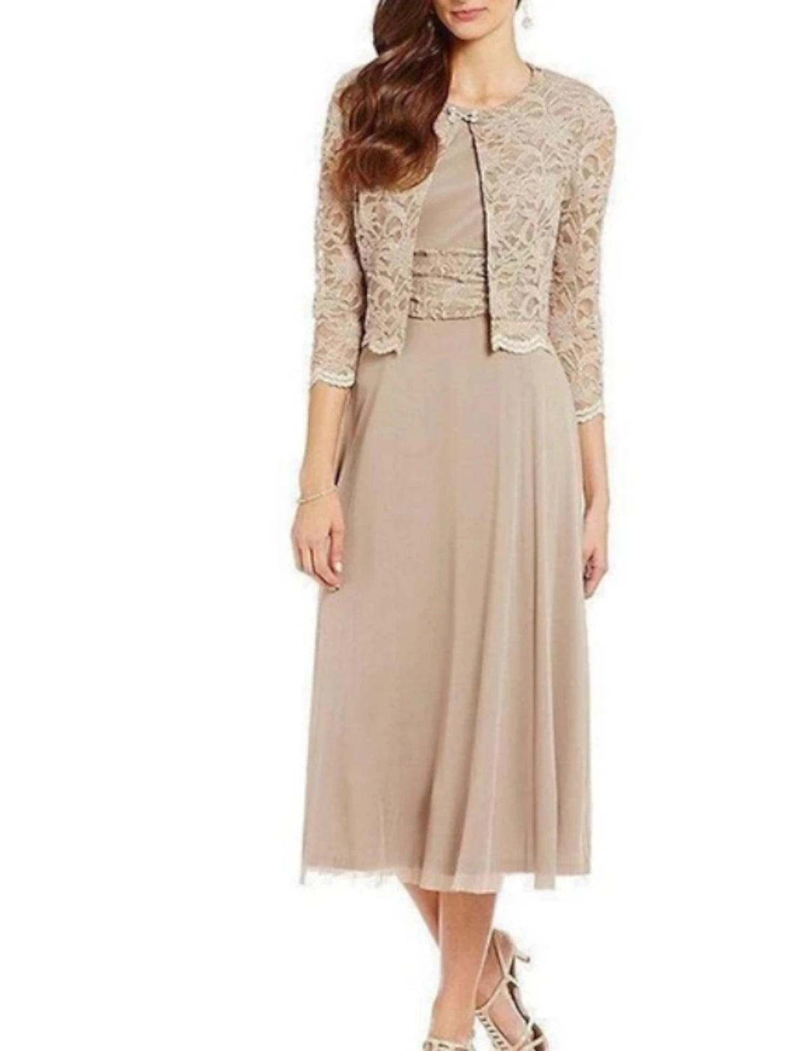 Sheath / Column Mother of the Bride Dress Elegant Jewel Neck Tea Length Chiffon Lace 3/4 Length Sleeve with Lace Sash / Ribbo