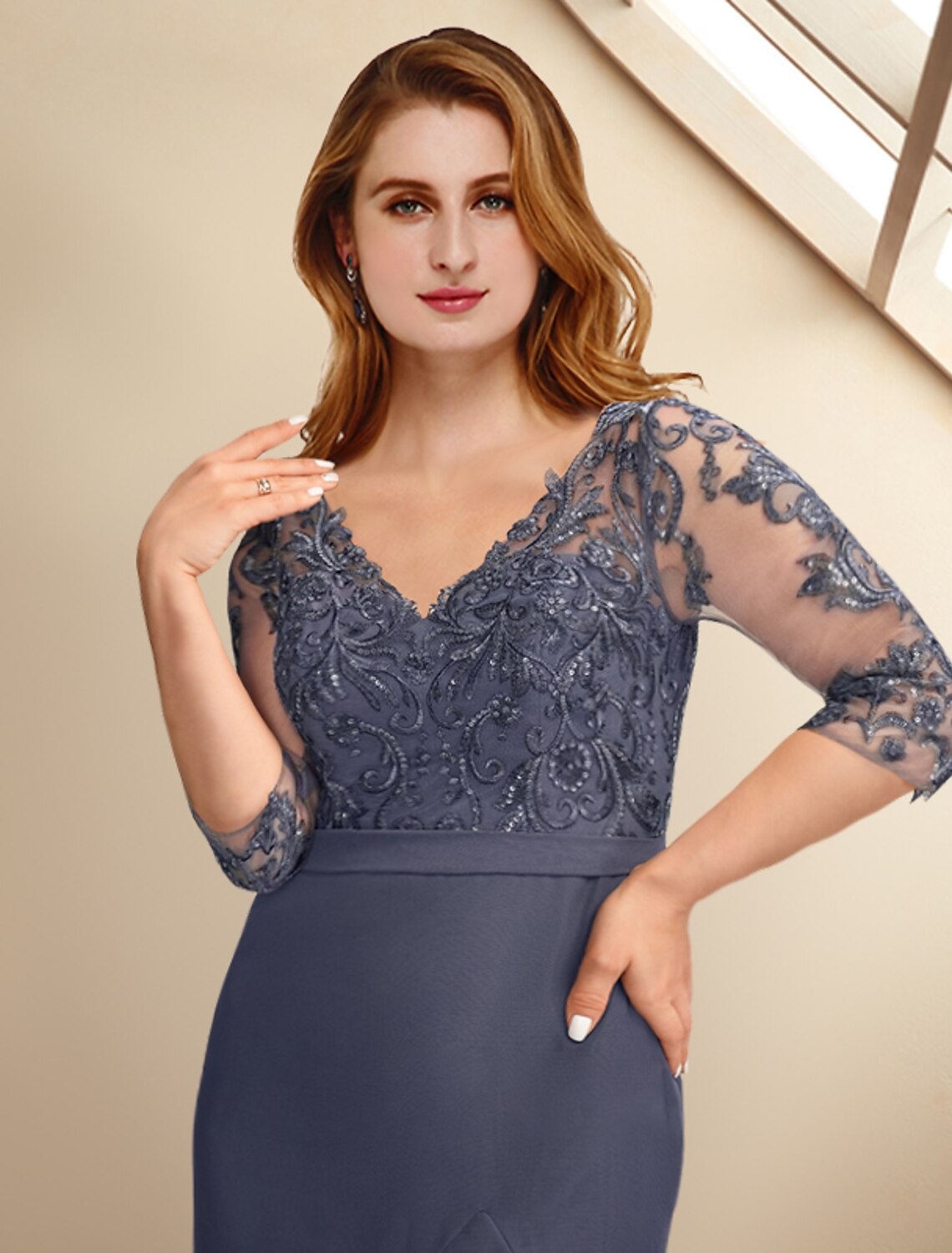 A-Line Mother of the Bride Dresses Plus Size Hide Belly Curve Elegant Dress Formal Ankle Length Half Sleeve V Neck Chiffon with Ruffles Appliques