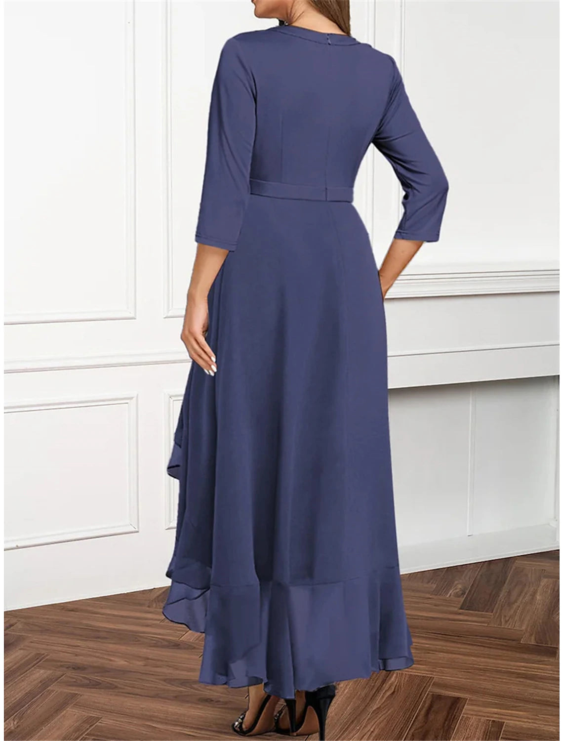 Women's Prom Dress Party Dress Wedding Guest Dress Long Dress Maxi Dress Blue 3/4 Length Sleeve Plain Ruffle Spring Fall Winter Crew Neck Elegant Wedding Guest Evening Party Spring Dress