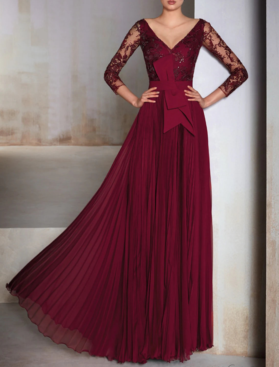 A-Line Mother of the Bride Dress Wedding Guest Elegant V Neck Floor Length Chiffon Lace 3/4 Length Sleeve No with Sash / Ribbon Appliques