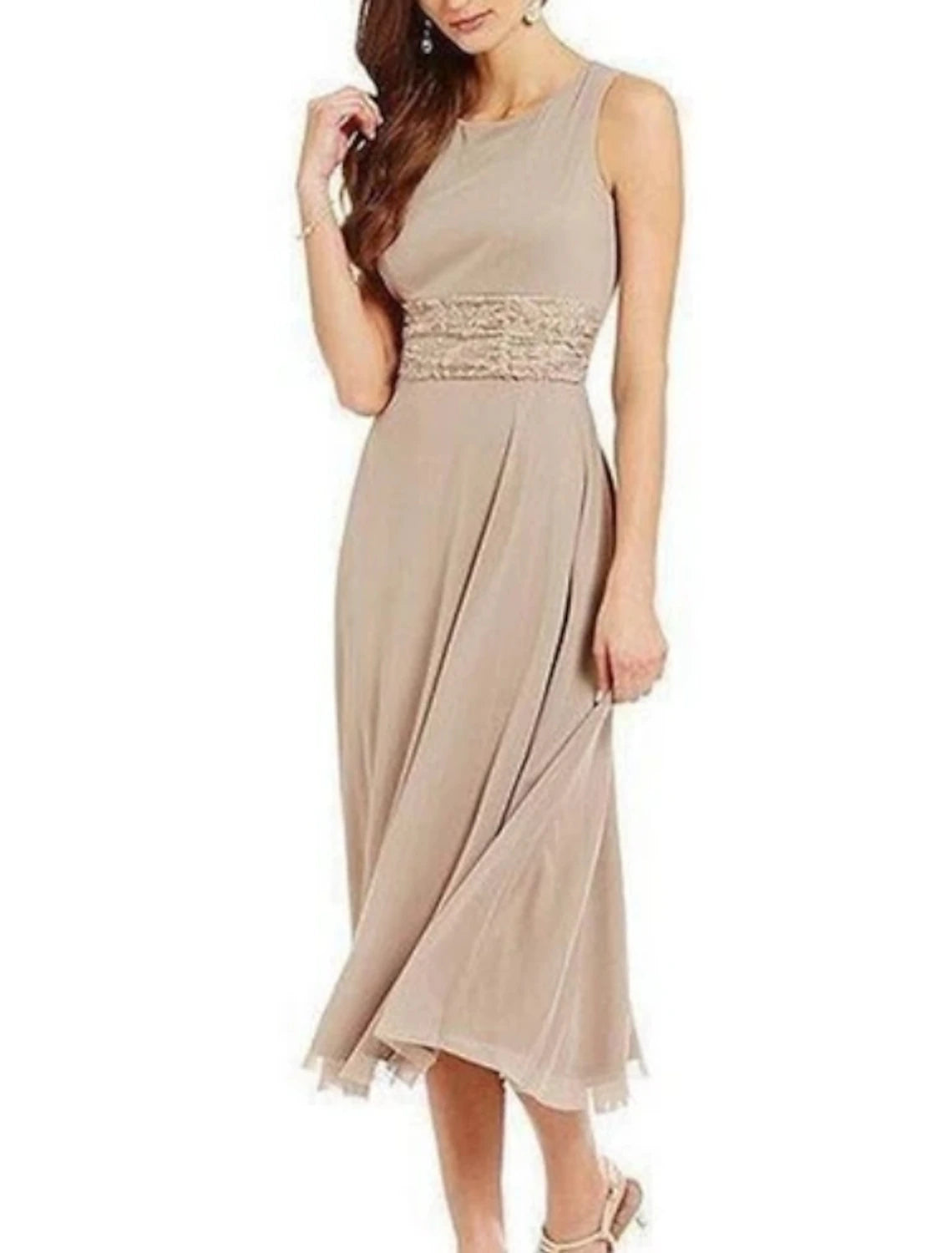 Sheath / Column Mother of the Bride Dress Elegant Jewel Neck Tea Length Chiffon Lace 3/4 Length Sleeve with Lace Sash / Ribbo