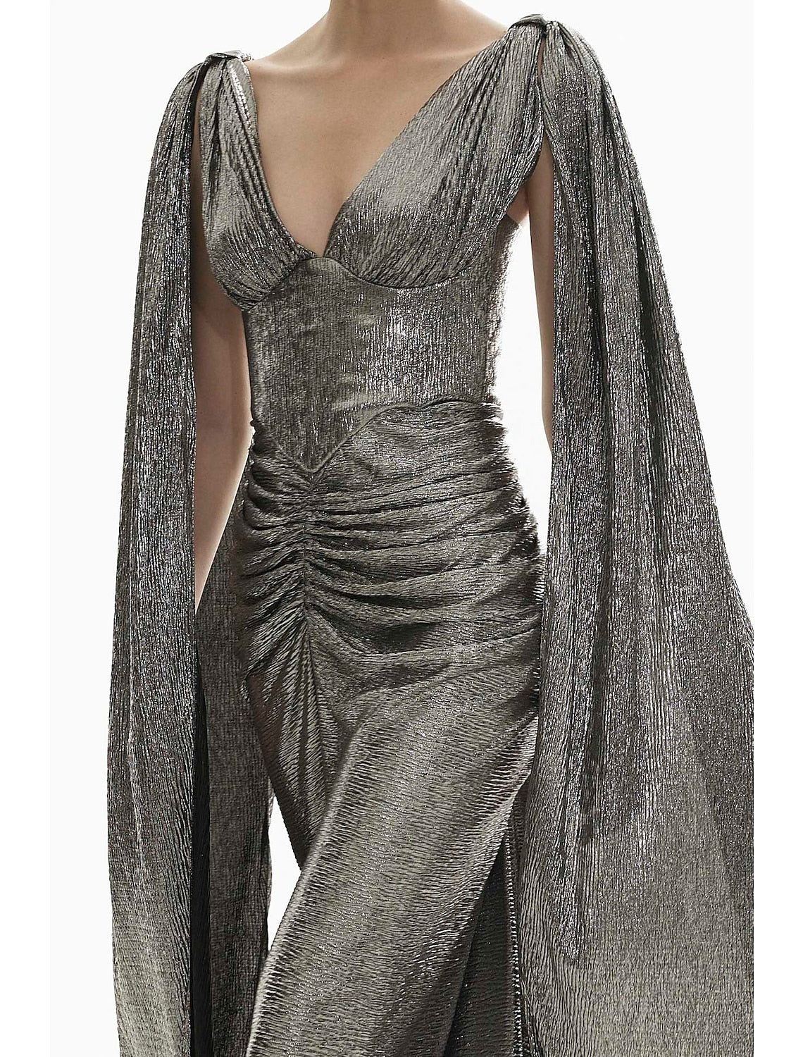 Mermaid Evening Gown Sparkle Carnival Cape Dress Formal Fall Sweep / Brush Train Long Sleeve V Neck Sequined with Glitter Ruched