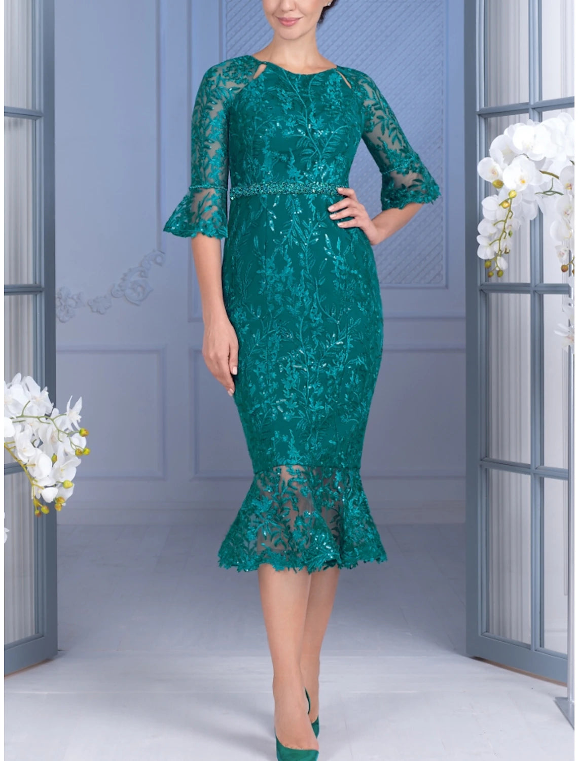 Mermaid / Trumpet Mother of the Bride Dress Wedding Guest Elegant Petite Jewel Neck Tea Length Lace Tulle Half Sleeve with Sequin Ruffles