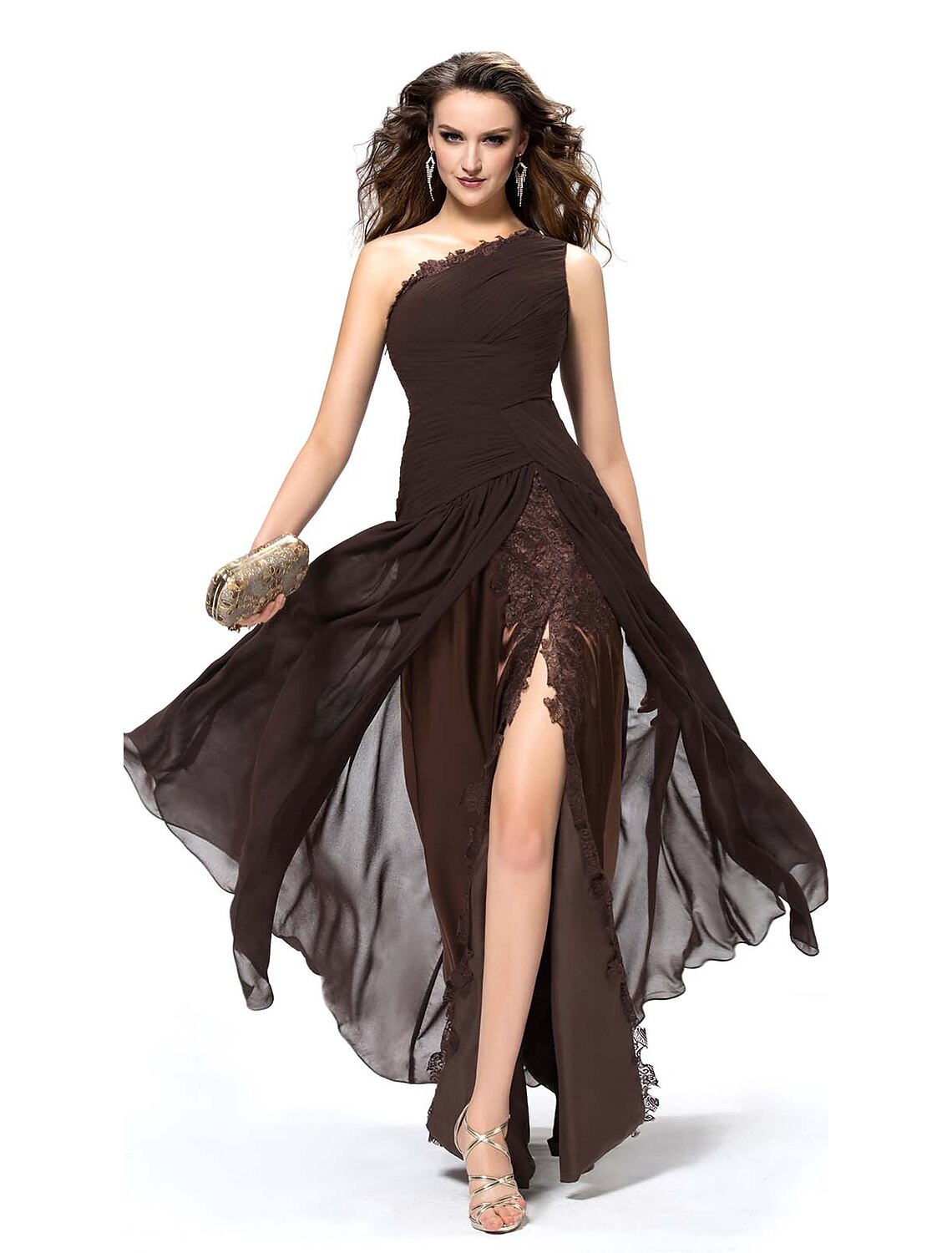 A-Line Evening Gown Elegant Dress Party Wear Formal Evening Floor Length Sleeveless One Shoulder Chiffon Backless with Slit Lace Insert