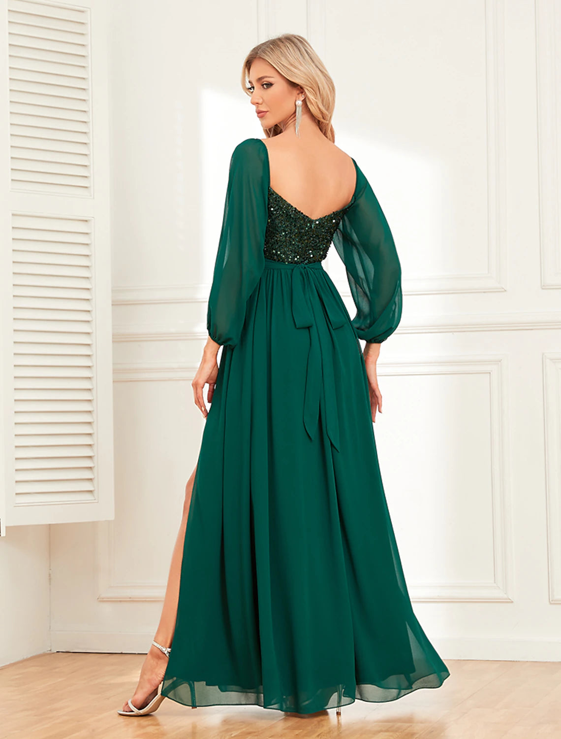 Women's Sequin Dress Prom Dress Party Dress Sparkly Dress Long Dress Maxi Dress Green Long Sleeve Summer Spring Fall Off Shoulder Evening Fall Dress
