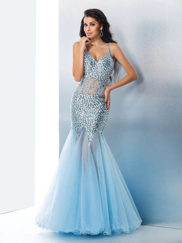 Mermaid Spaghetti Straps Sequin Sleeveless Long Tulle Prom Dresses